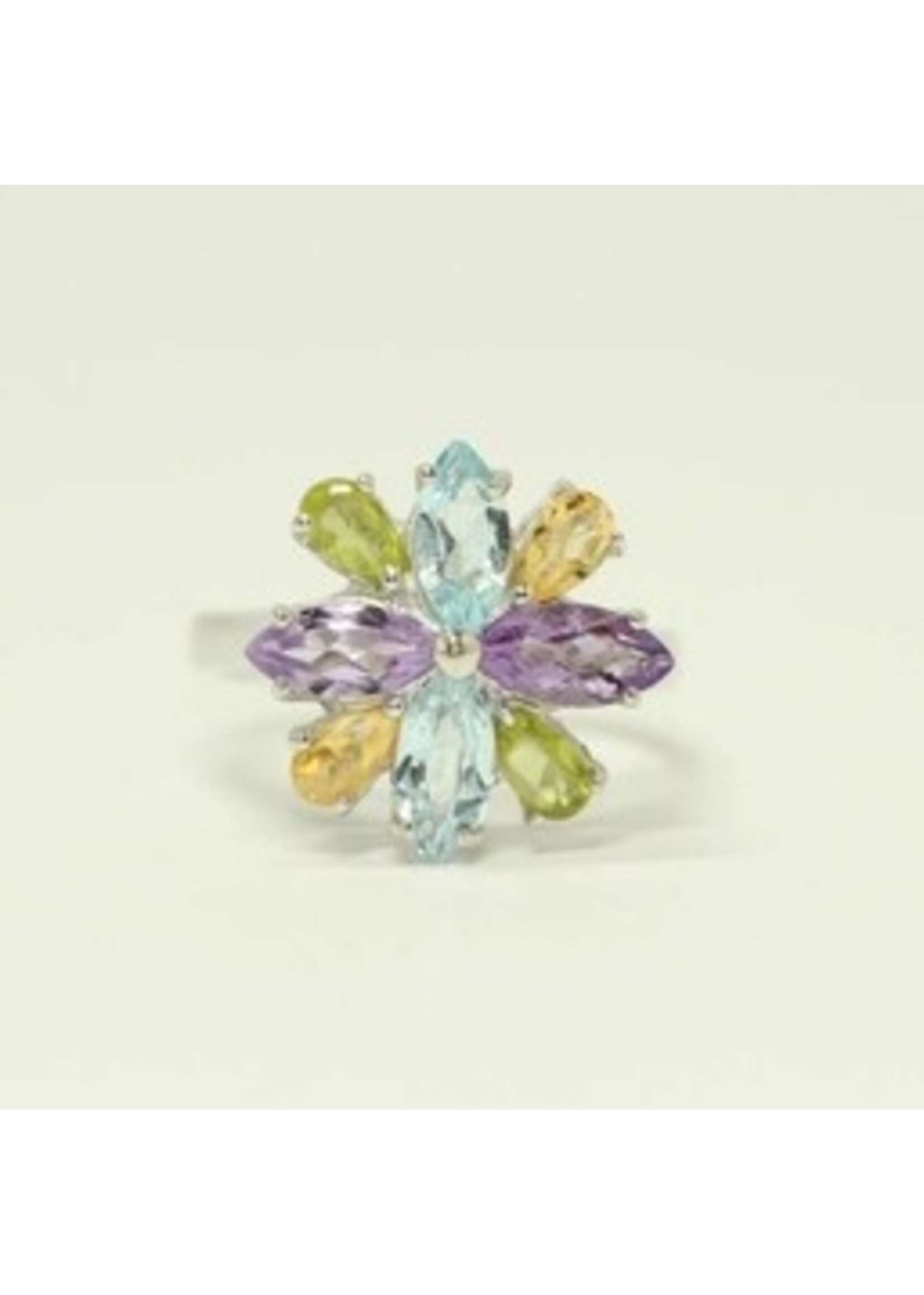925 gerhodineerd zilveren ring bezet met natuurlijke Citrien,Blauwe Topaas, Peridot en Amethist