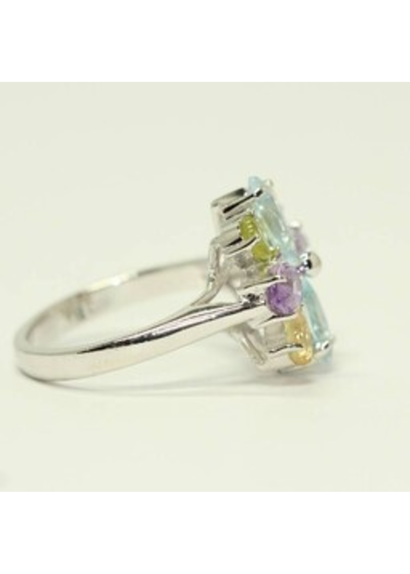 925 gerhodineerd zilveren ring bezet met natuurlijke Citrien,Blauwe Topaas, Peridot en Amethist