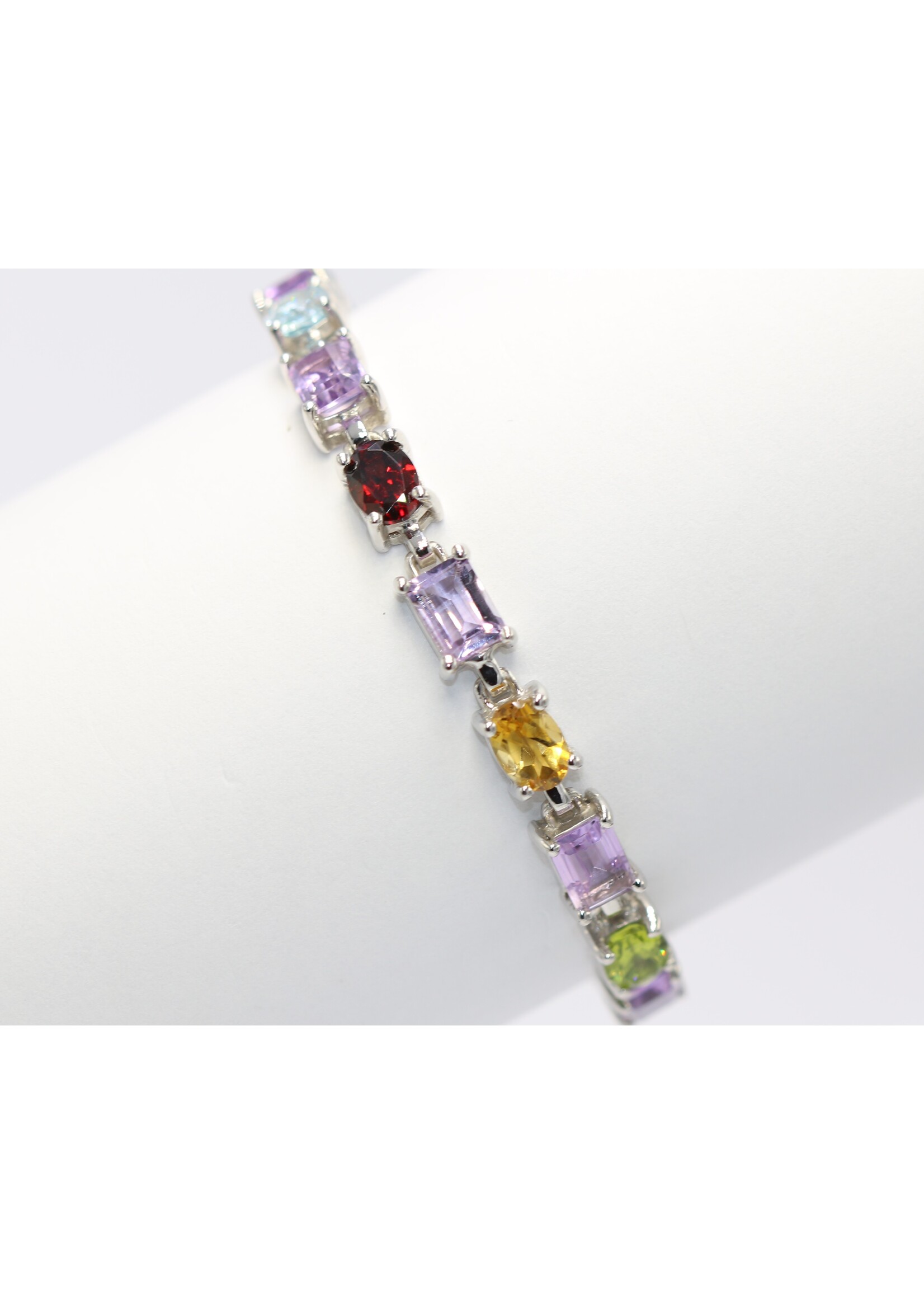925 gerhodineerd zilveren Armband bezet met natuurlijke Blauwe Topaas, Amethist,Citrien,Granaat en Peridot -