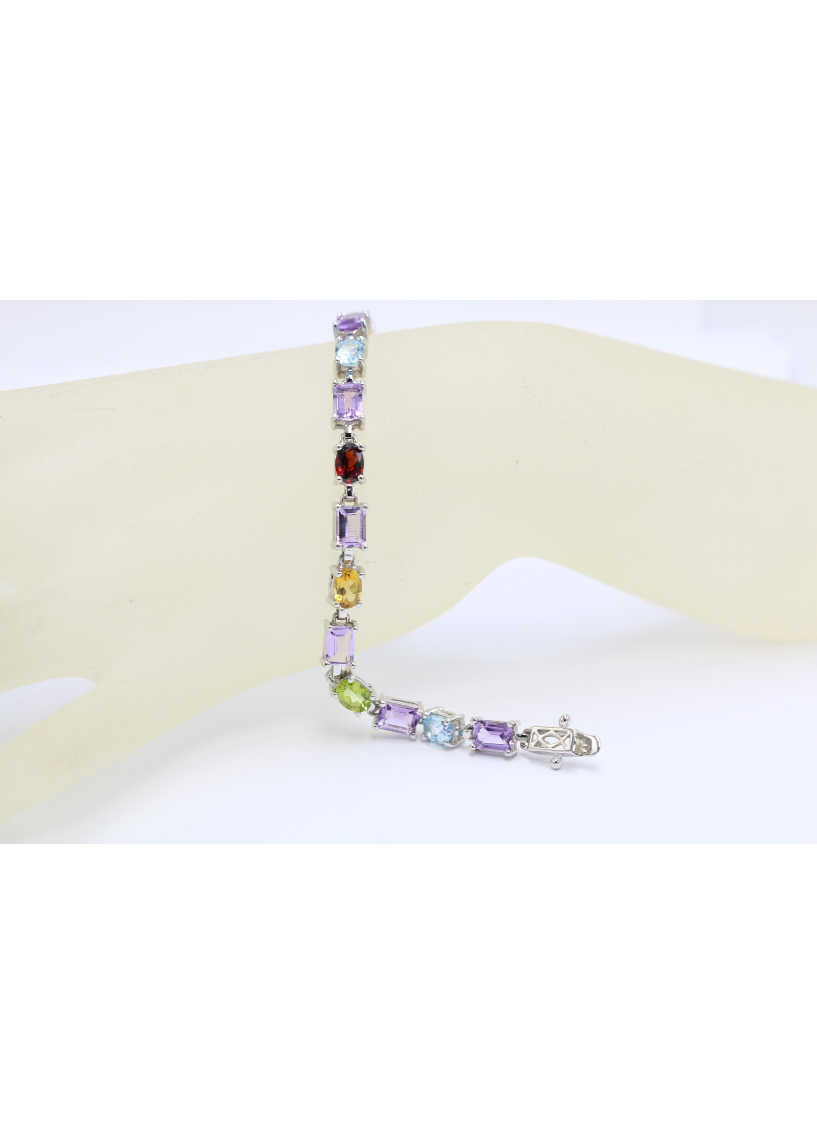 925 rhodium plated silver bracelet set with natural Blue Topaz, Amethyst, Citrine, Garnet and Peridot -