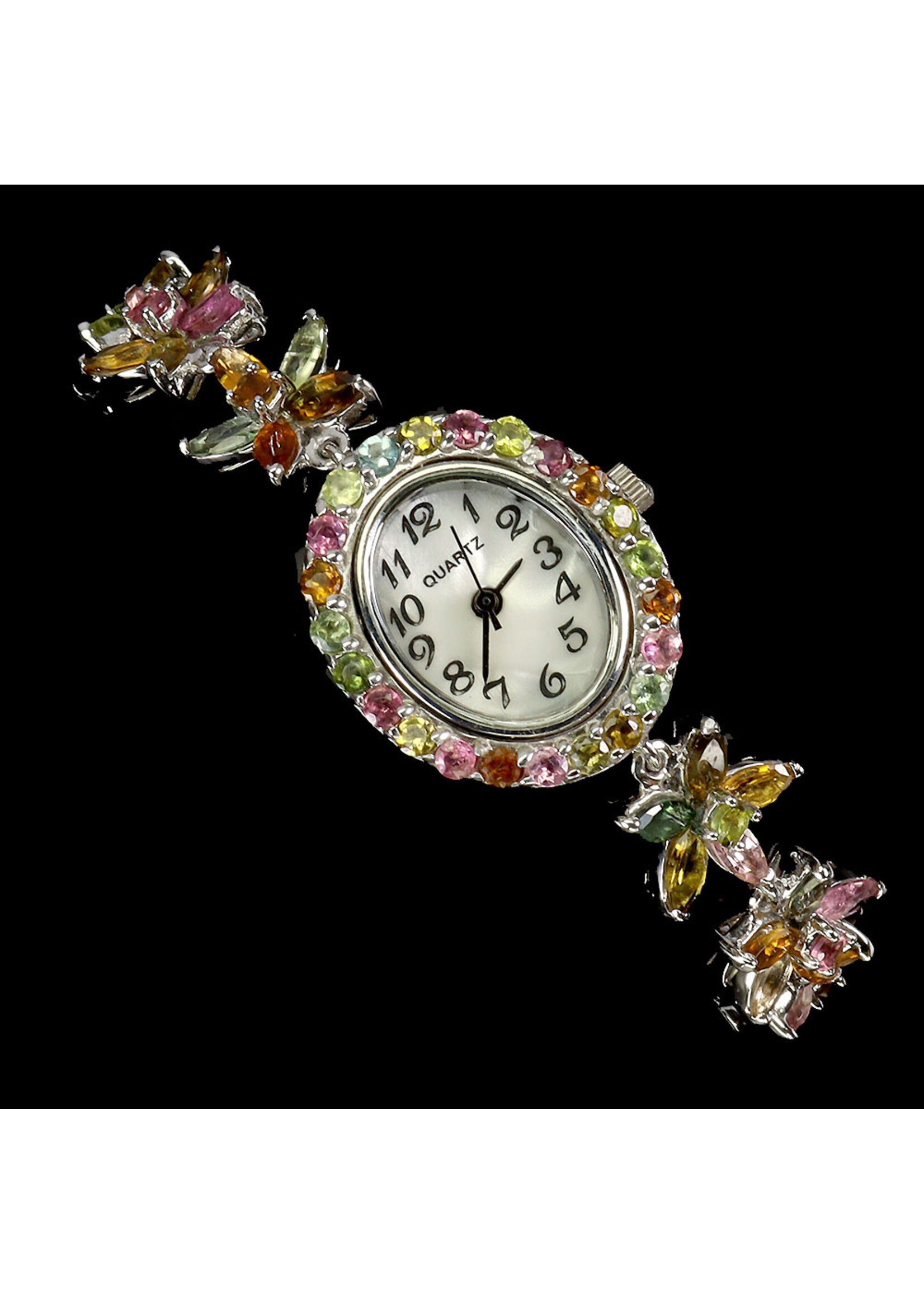 925 gerhodineerd zilveren horloge bezet met natuurlijke Multi-Kleur Toermalijnen