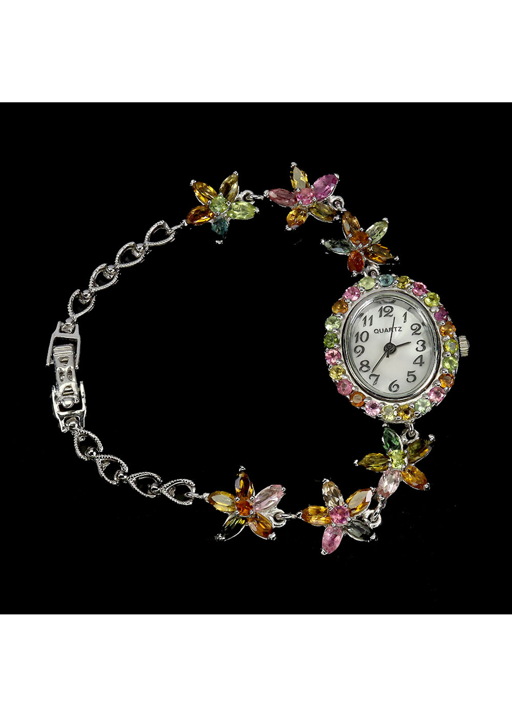 925 gerhodineerd zilveren horloge bezet met natuurlijke Multi-Kleur Toermalijnen
