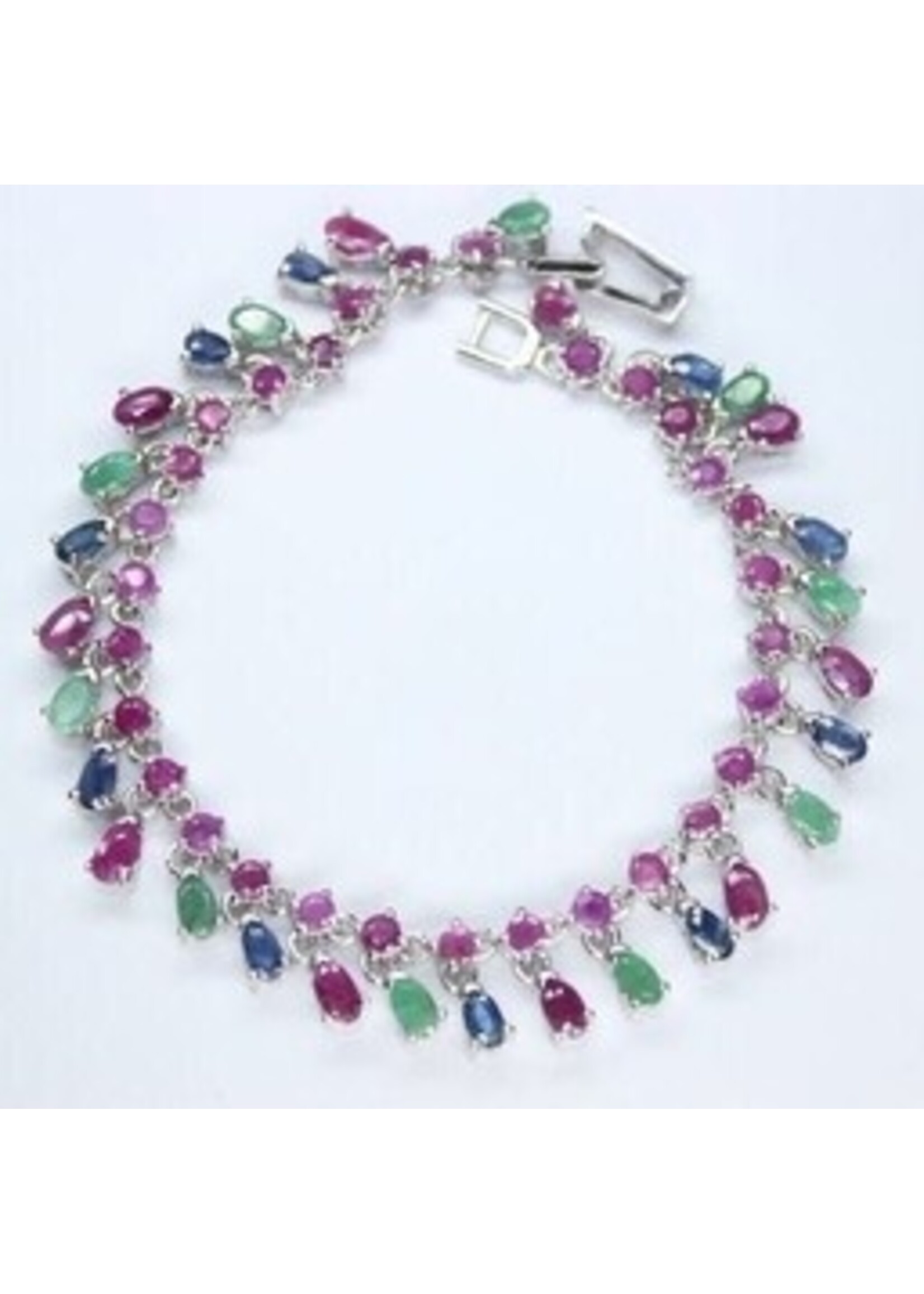 925 rhodium silver bracelet set with natural Emerald, Ruby and Sapphire