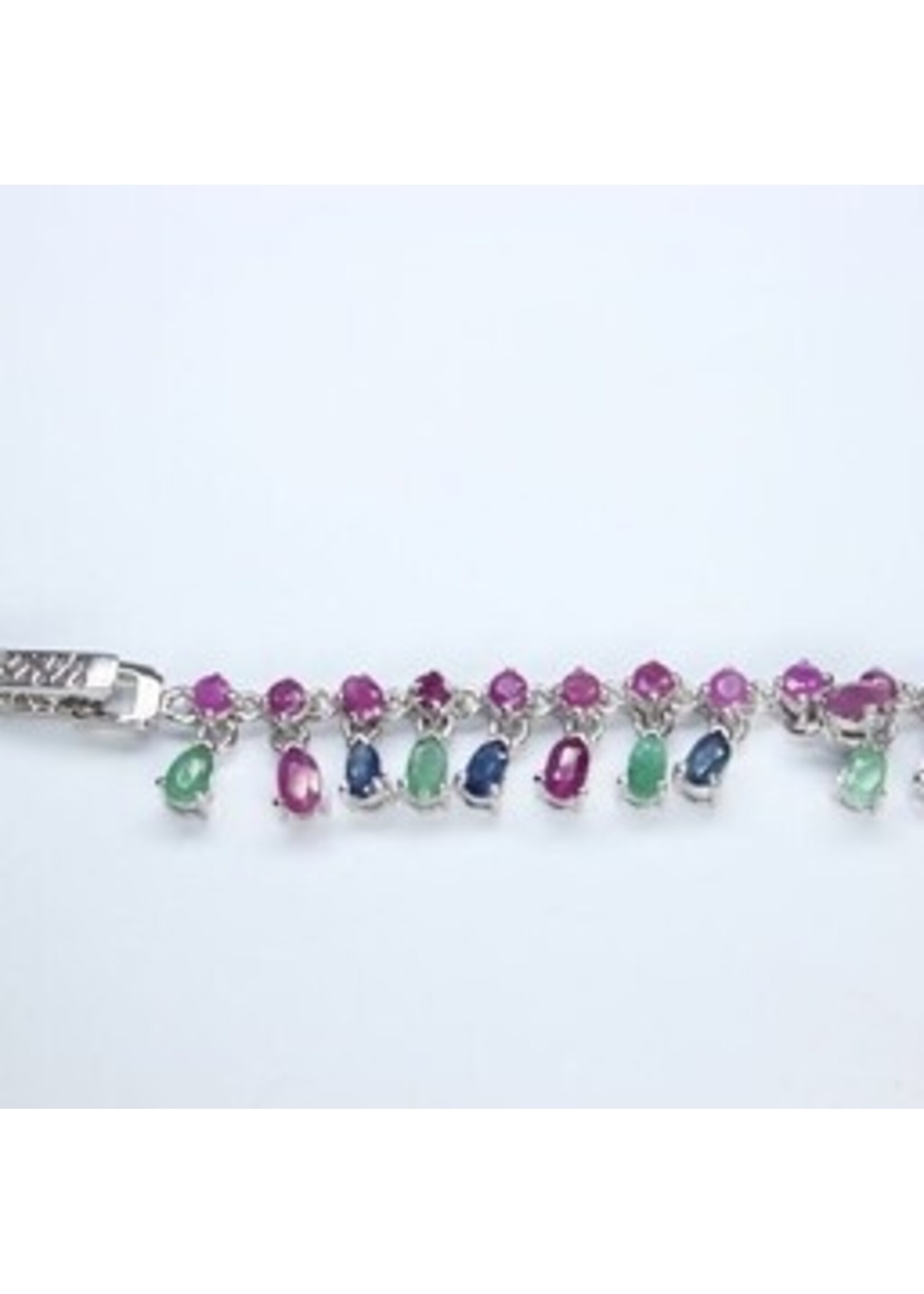 925 gerhodineerd zilveren Armband bezet met natuurlijke Smaragd,Robijn en Saffieren