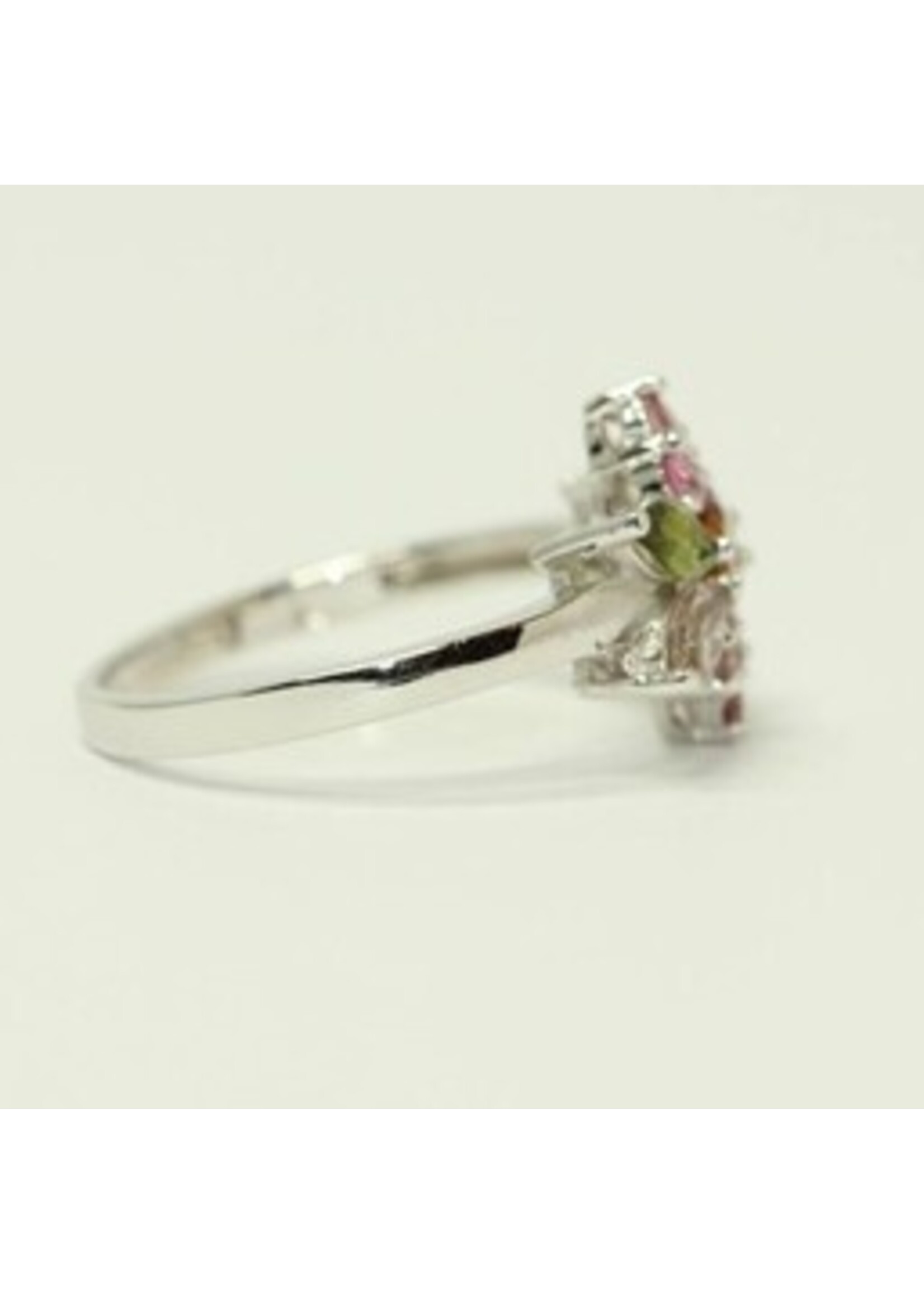 925 rhodium silver ring set with natural multi / color Tourmaline