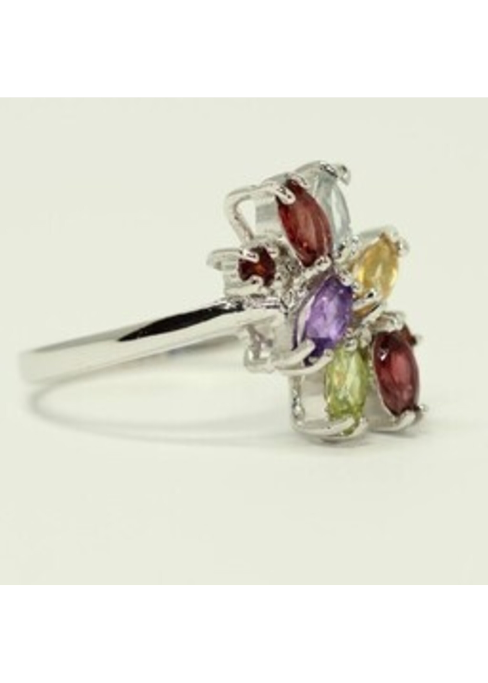 Bague en argent 925 rhodié serti de péridot naturel, grenat, améthyste, citrine et topaze bleue