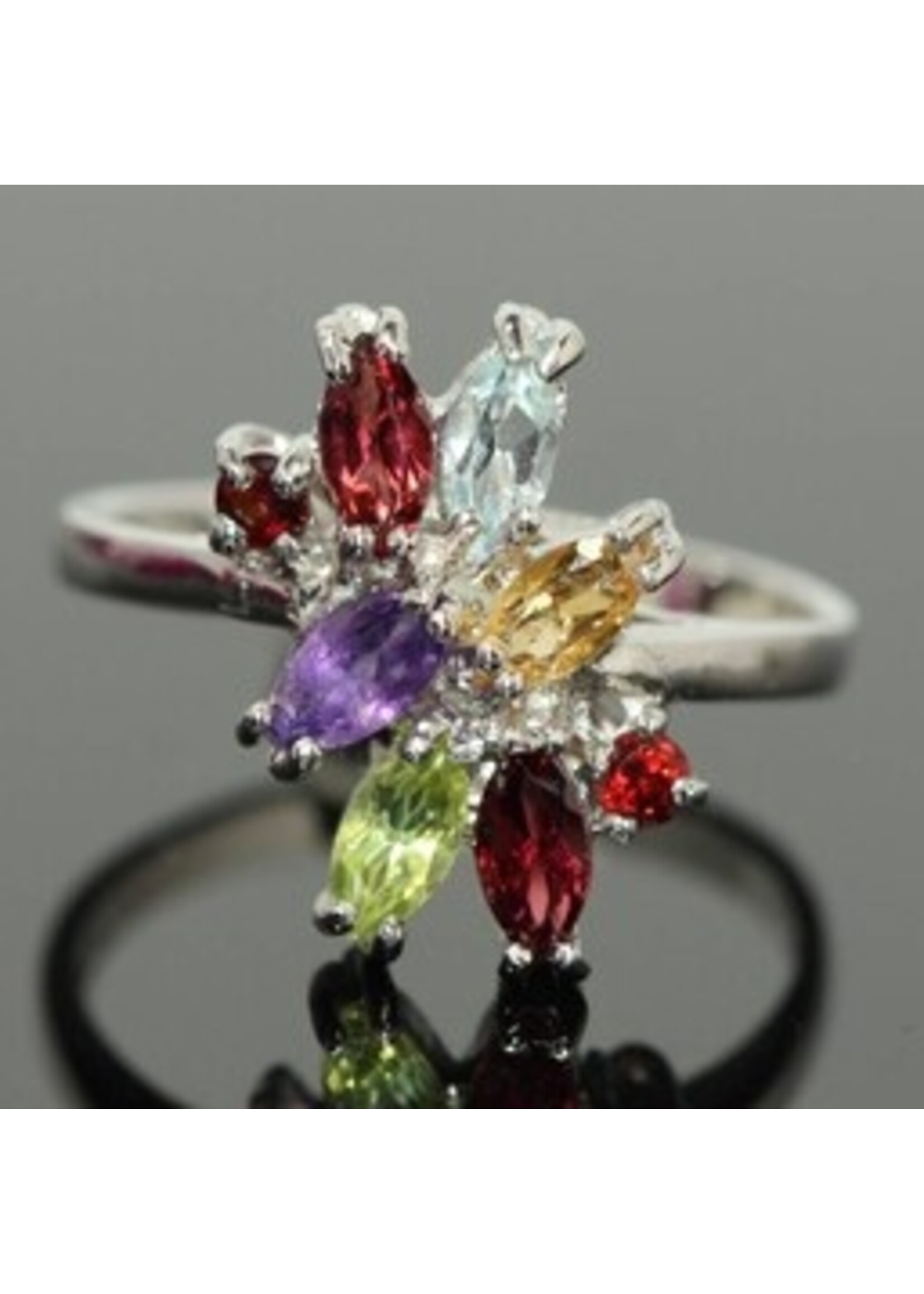 Bague en argent 925 rhodié serti de péridot naturel, grenat, améthyste, citrine et topaze bleue