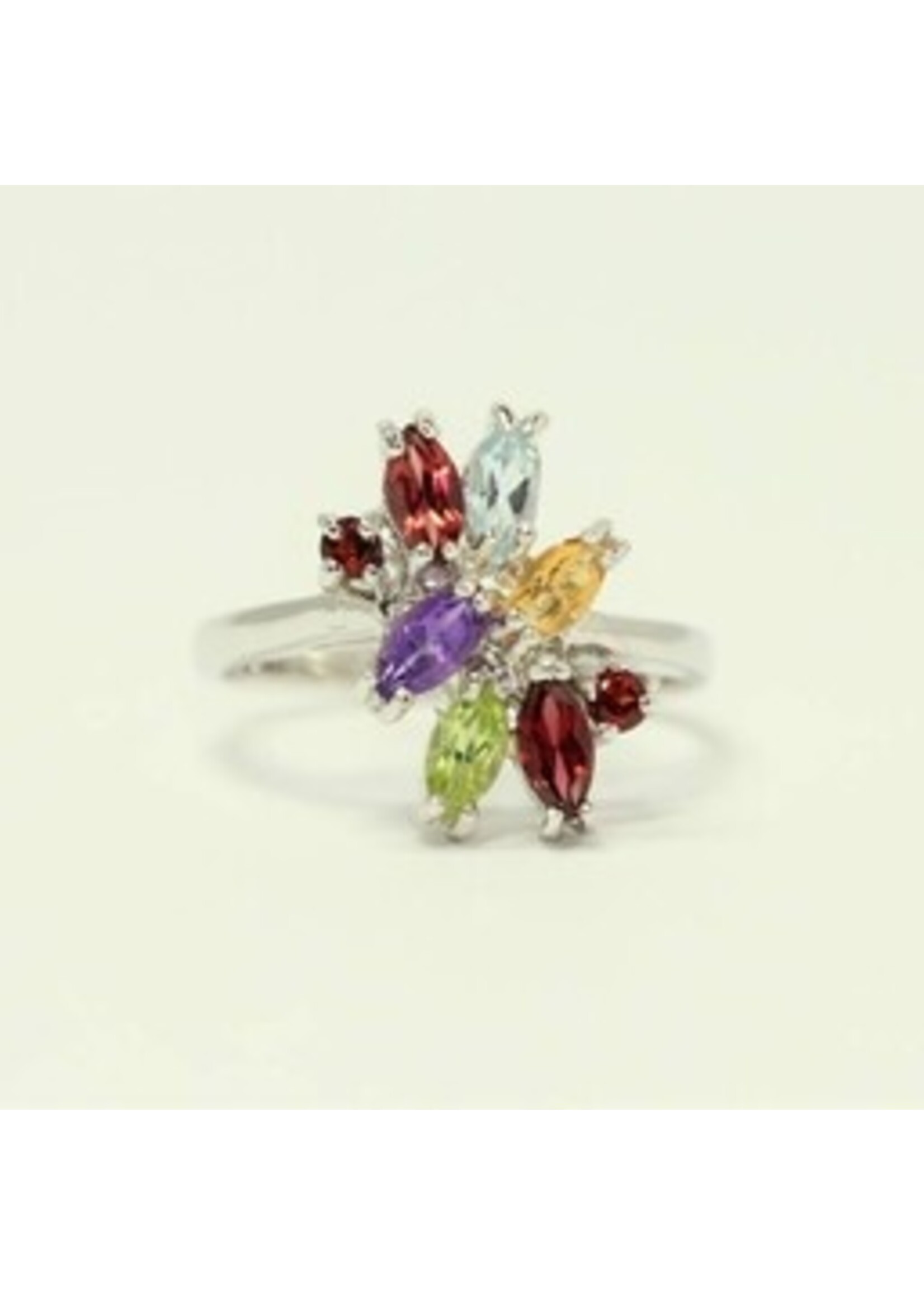 Bague en argent 925 rhodié serti de péridot naturel, grenat, améthyste, citrine et topaze bleue