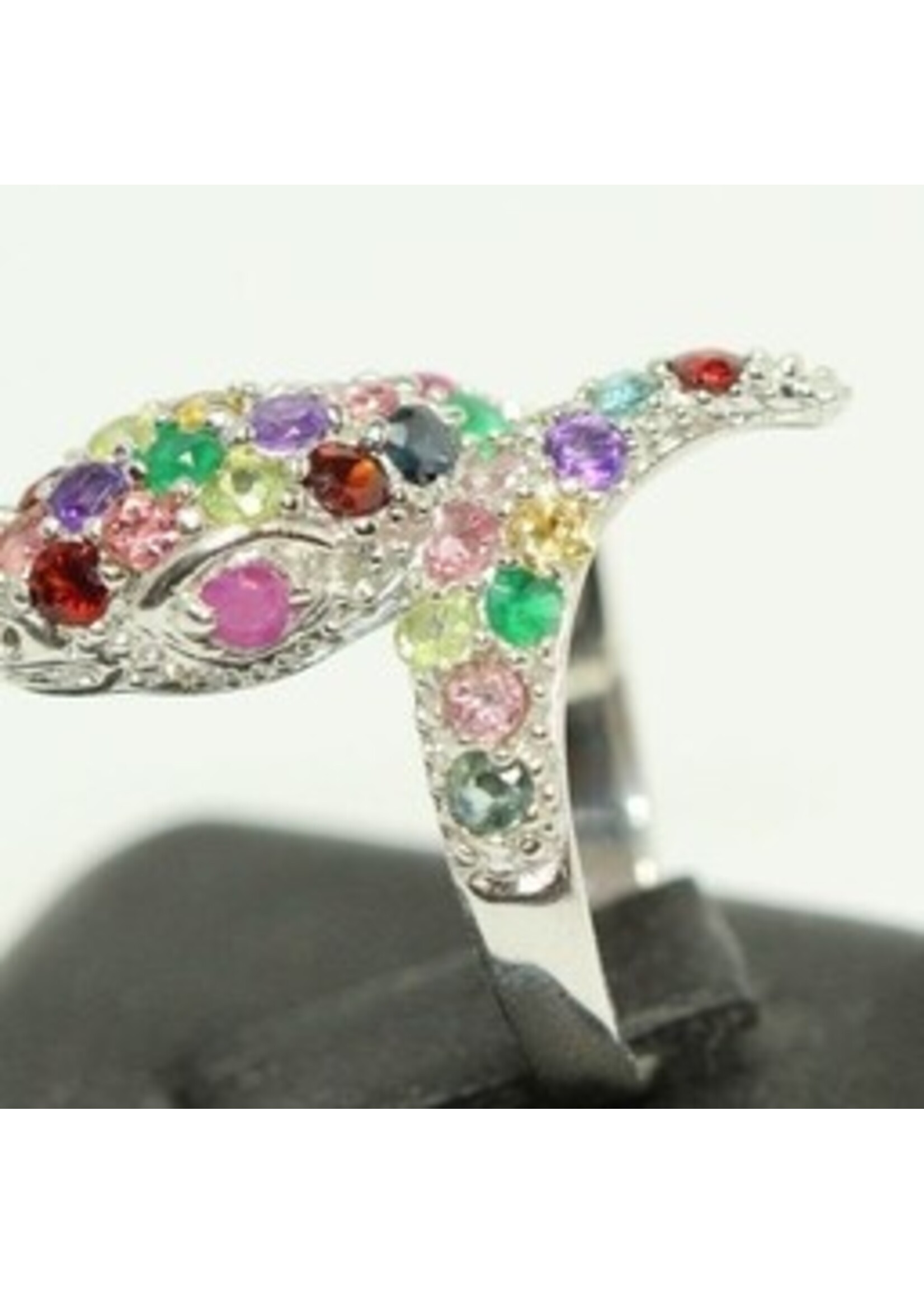 925 rhodium silver ring set with natural Peridot, Aventurine, Tourmaline, Ruby, Blue Topaz, Garnet and amethyst in form of a Snake