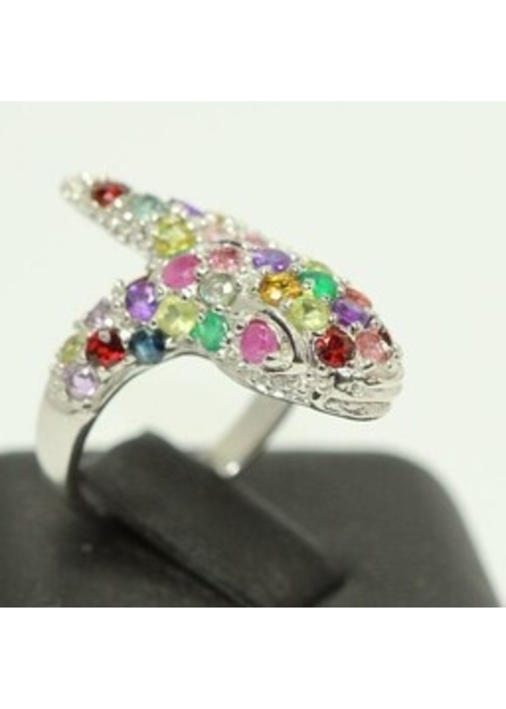 925 rhodium silver ring set with natural Peridot, Aventurine, Tourmaline, Ruby, Blue Topaz, Garnet and amethyst in form of a Snake