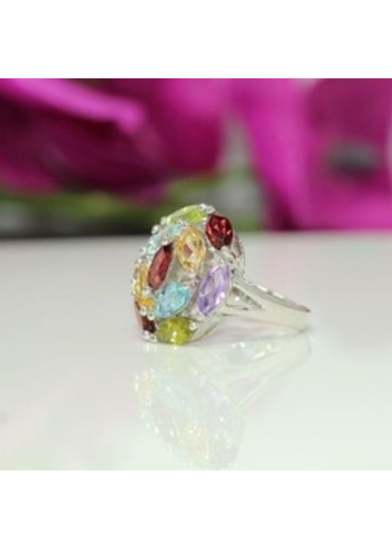 925 gerhodineerd zilveren ring bezet met natuurlijke PeridotGranaat,blauwe Topaas,Citrien en Amethist