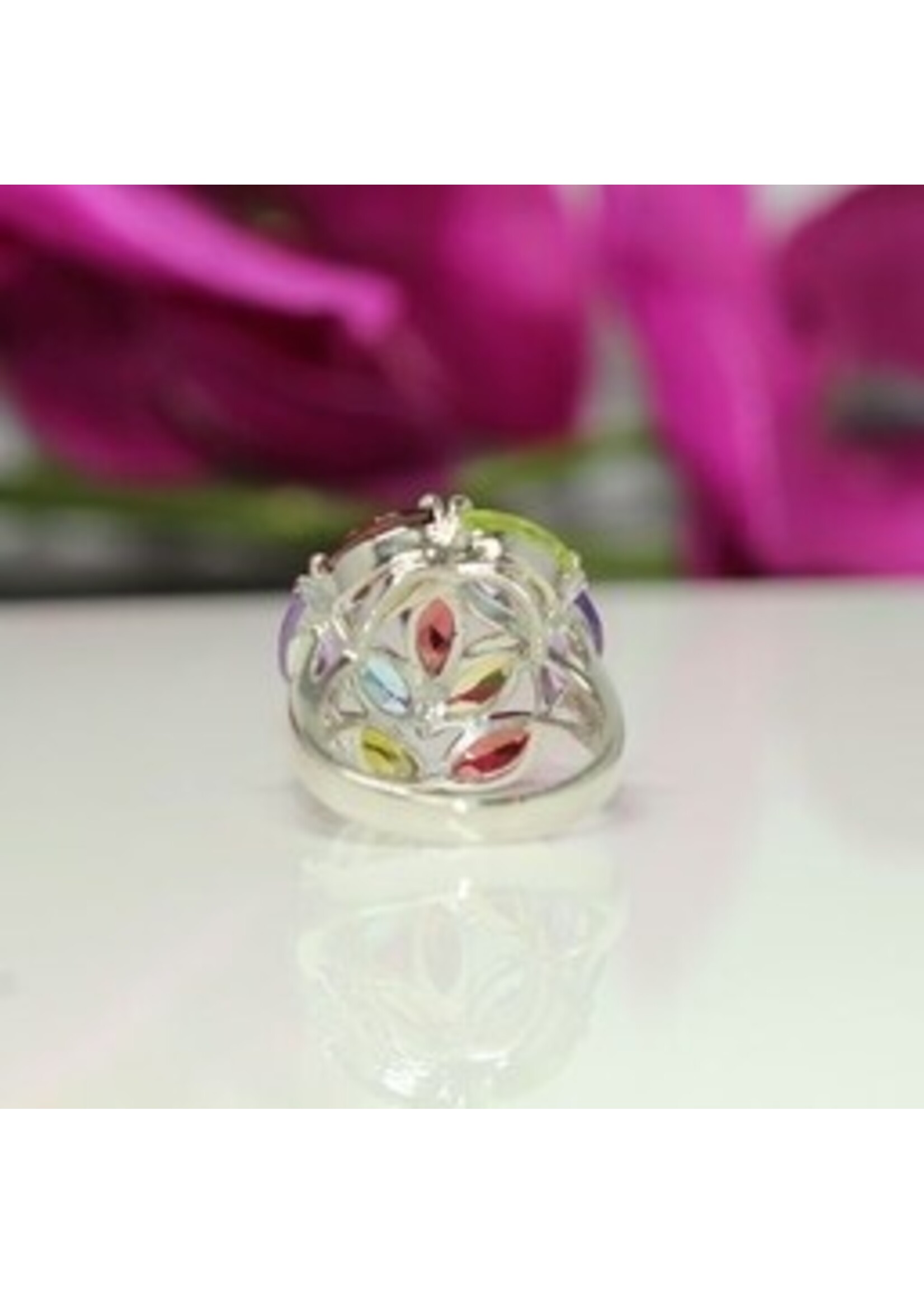 925 gerhodineerd zilveren ring bezet met natuurlijke PeridotGranaat,blauwe Topaas,Citrien en Amethist