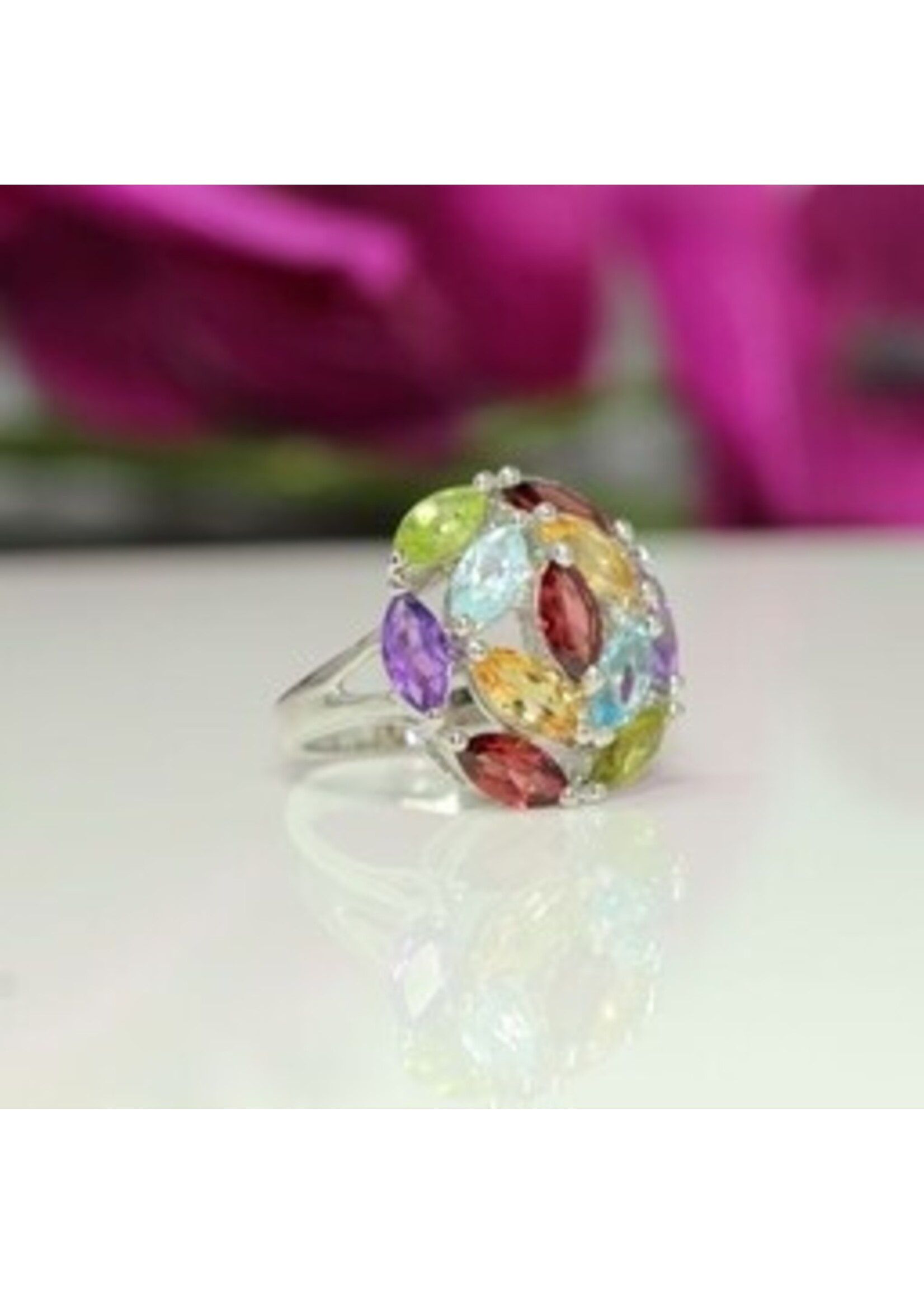 925 gerhodineerd zilveren ring bezet met natuurlijke PeridotGranaat,blauwe Topaas,Citrien en Amethist