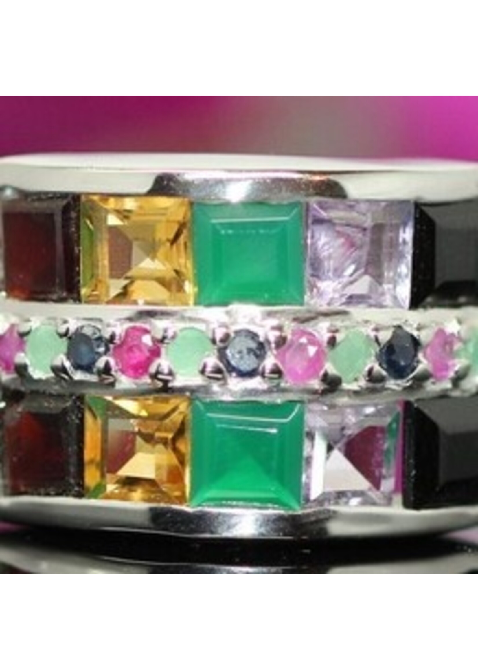 925 rhodium silver ring set with natural smoky quartz, citrine, aventurine, amethyst, emerald, sapphire and rubies