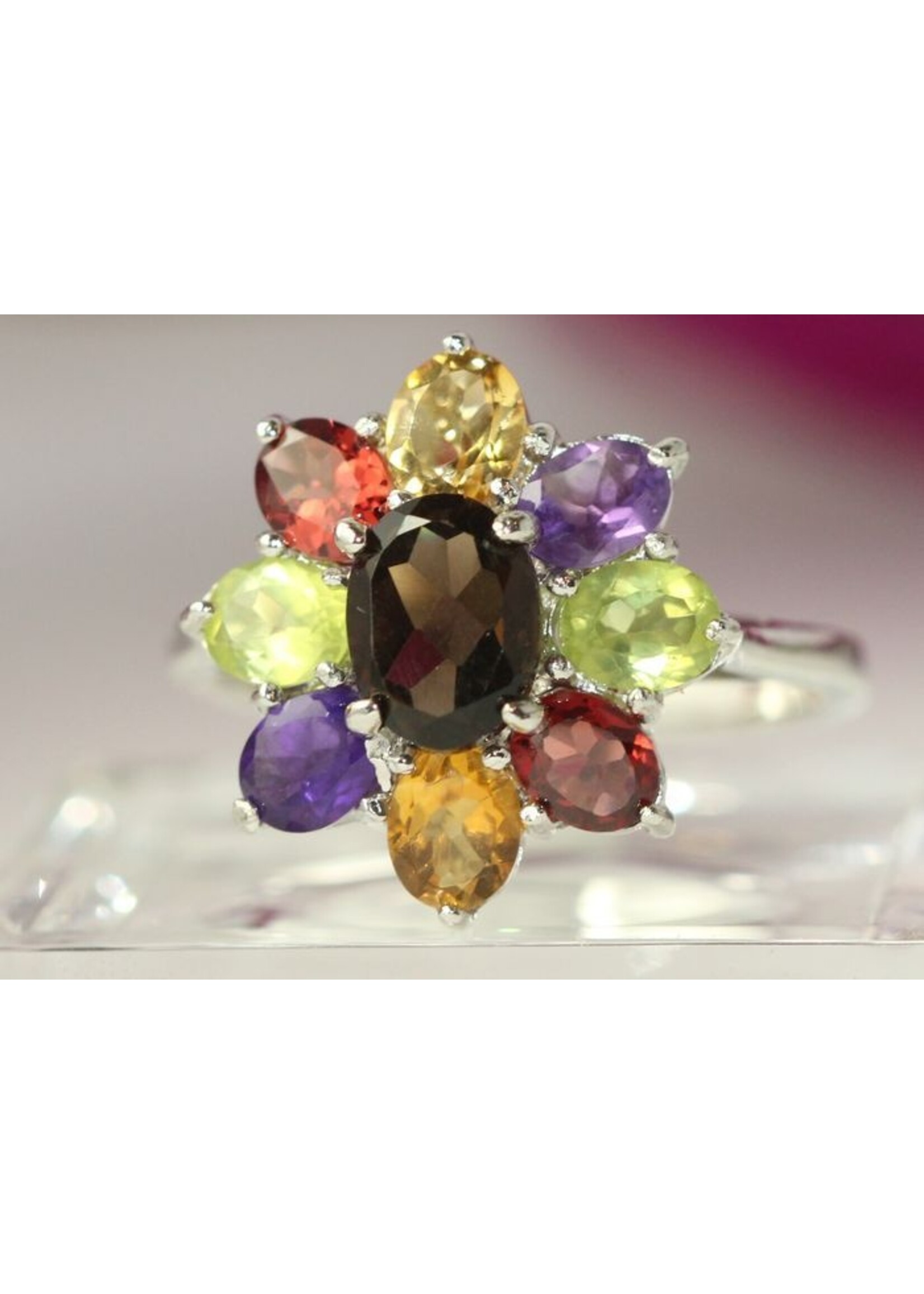 925 gerhodineerd zilveren ring bezet met natuurlijke AmethistPeridot,Granaat,Citrien en Rookkwarts