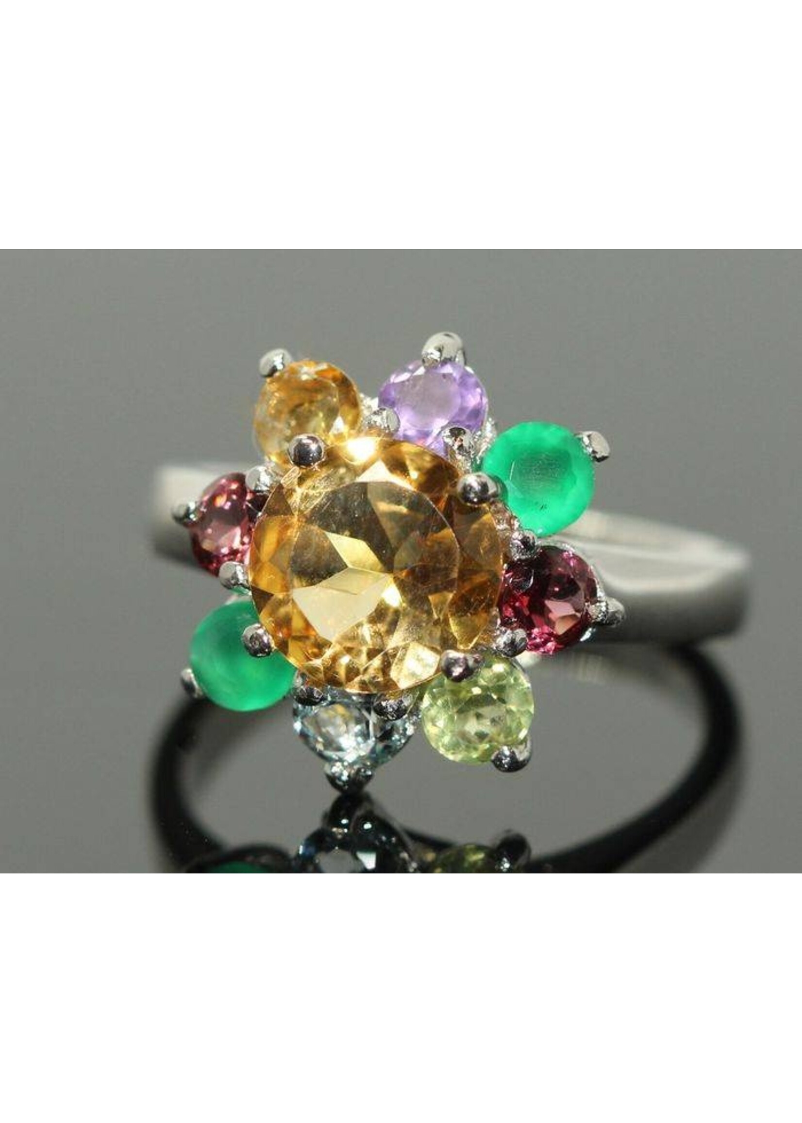 925 rhodium silver ring set with natural Citrine, Aventurine, Amethyst, Garnet and Blue Topaz