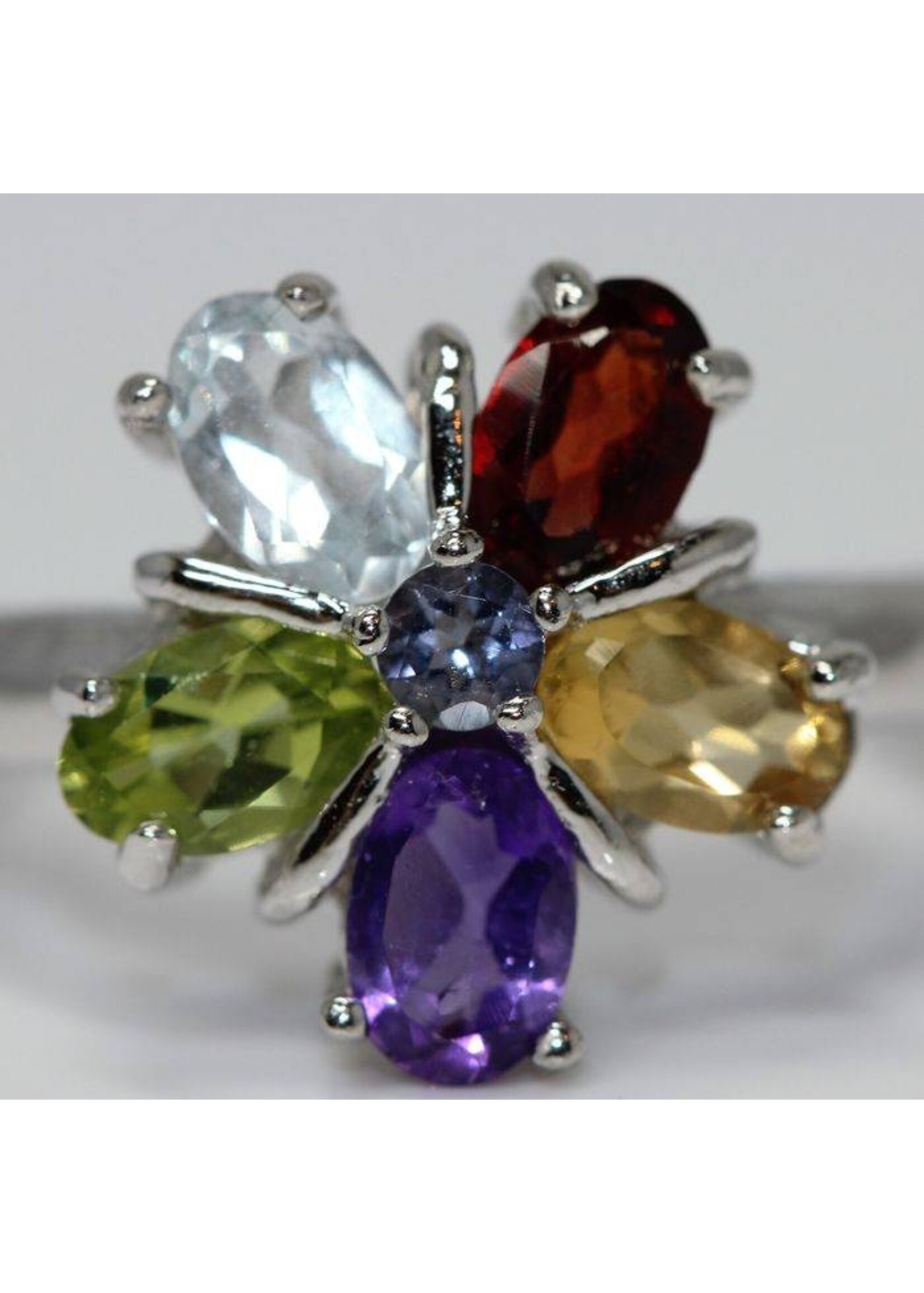 925 gerhodineerd zilveren ring bezet met natuurlijke Amethist,Peridot,Citrien,Granaat en Blauwe Topaas