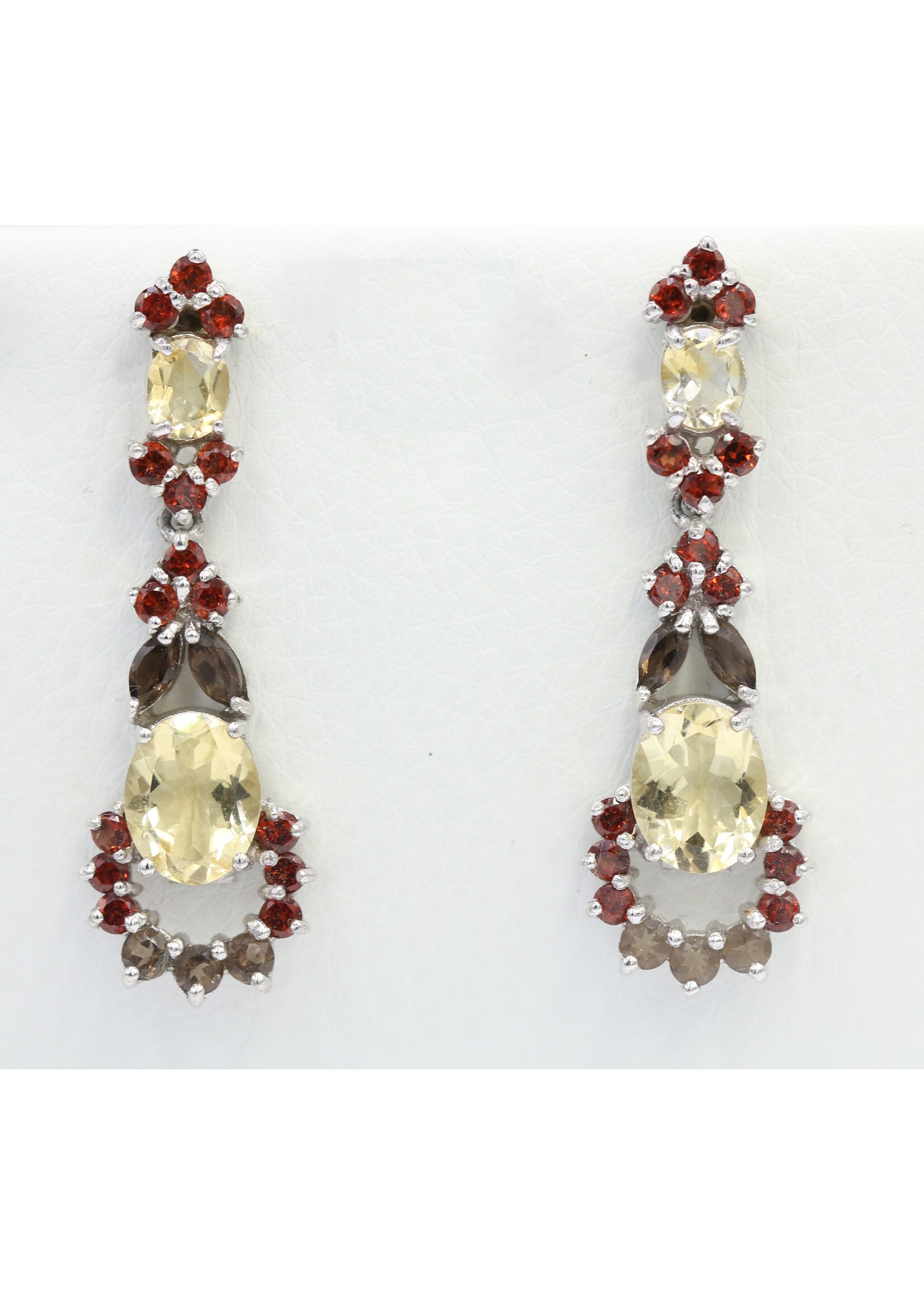 925 rhodium plated silver earrings set with natural Garnet, Citrine and Smoky Quartz