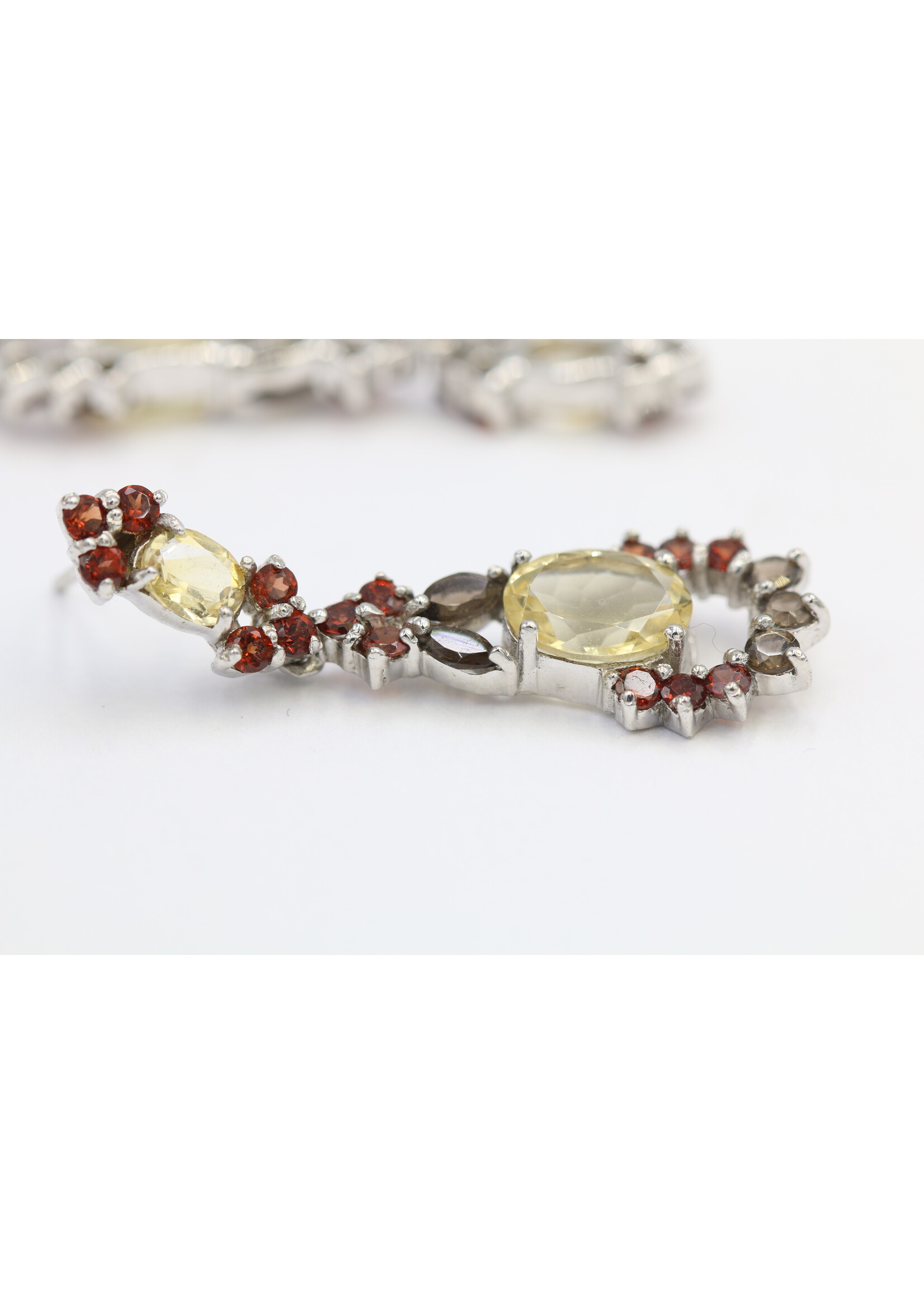 925 rhodium plated silver earrings set with natural Garnet, Citrine and Smoky Quartz