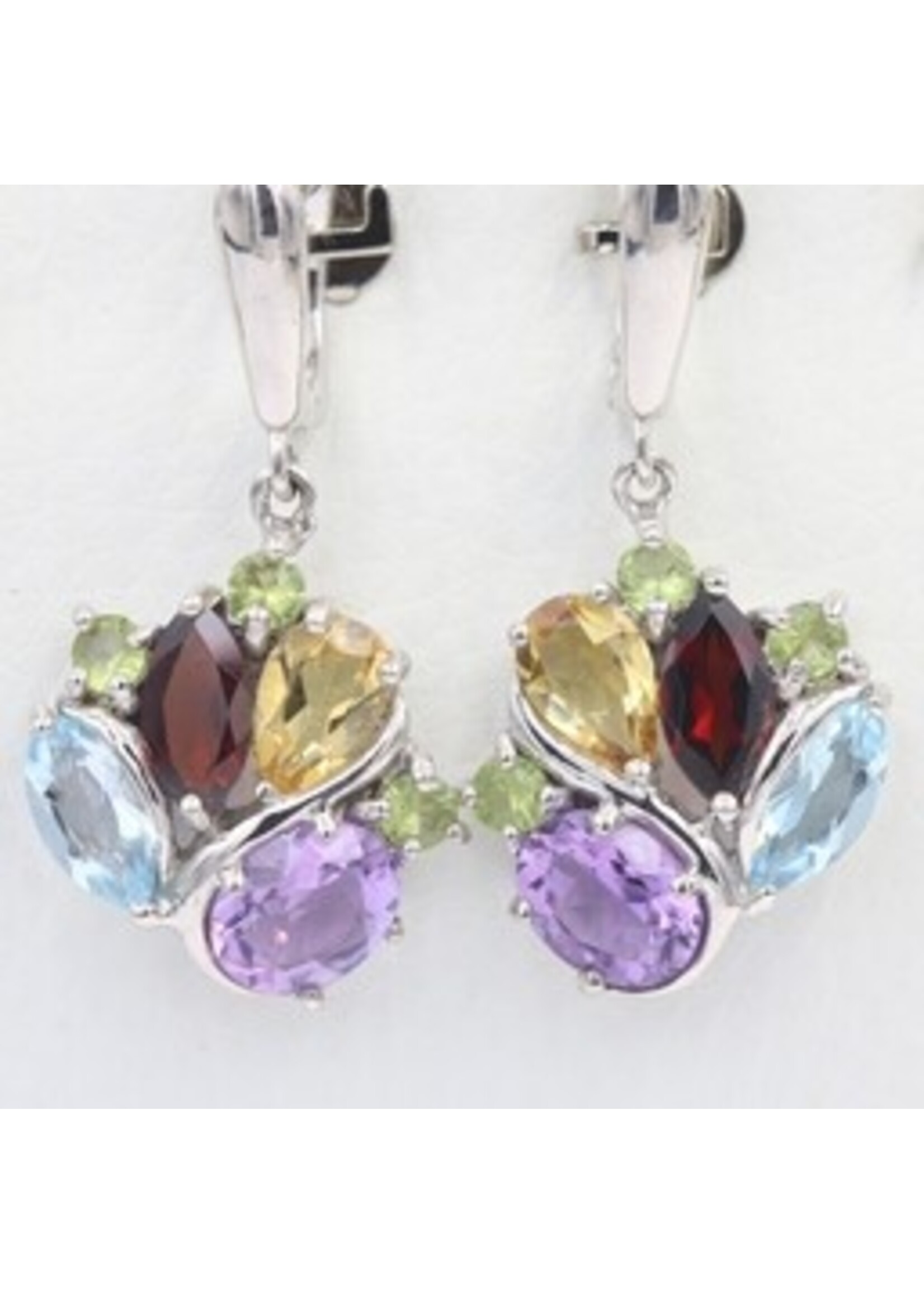 925 rhodium plated silver earrings set with natural Citrine, Garnet, Blue Topaz, Peridot and Amethyst