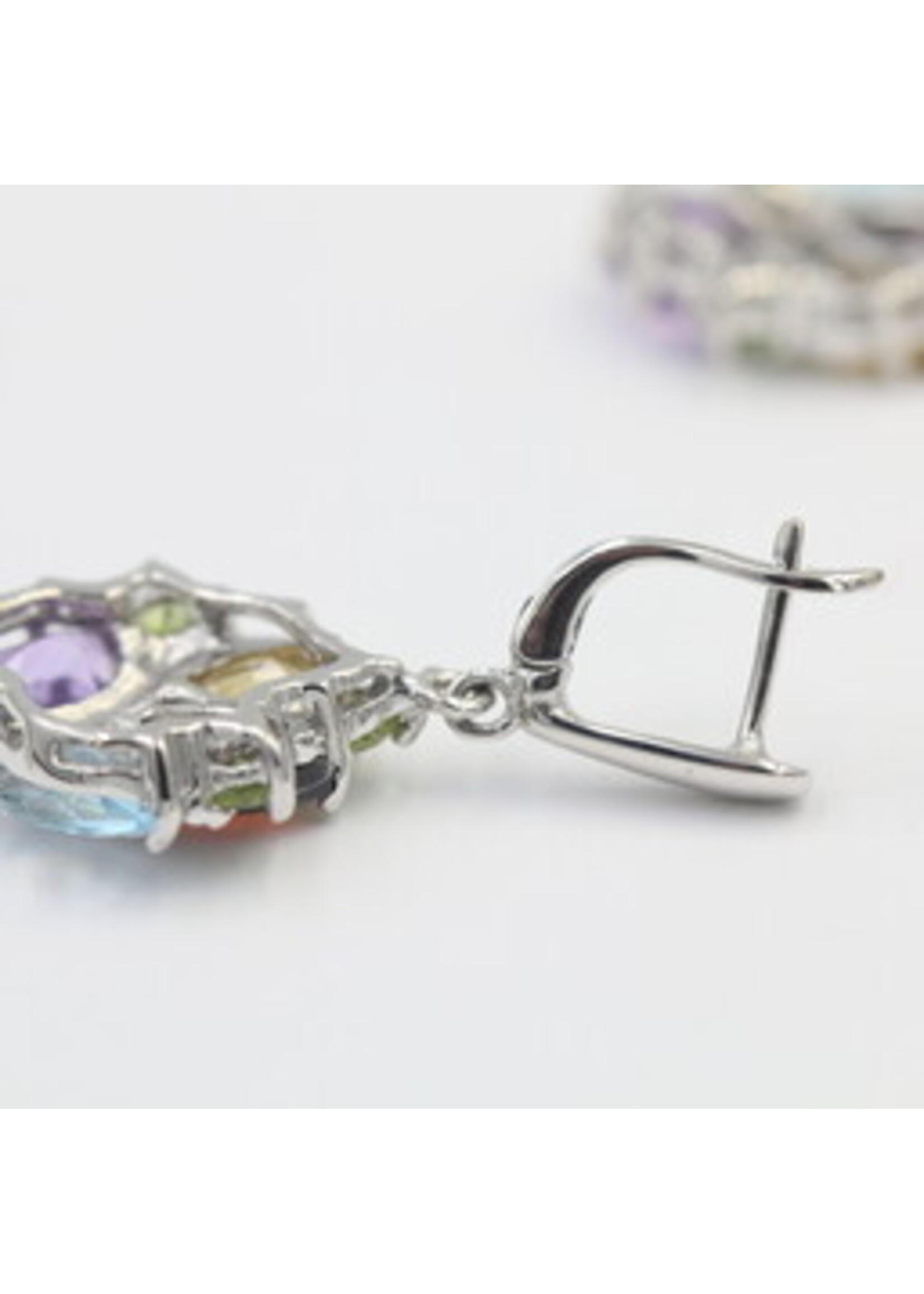 925 rhodium plated silver earrings set with natural Citrine, Garnet, Blue Topaz, Peridot and Amethyst