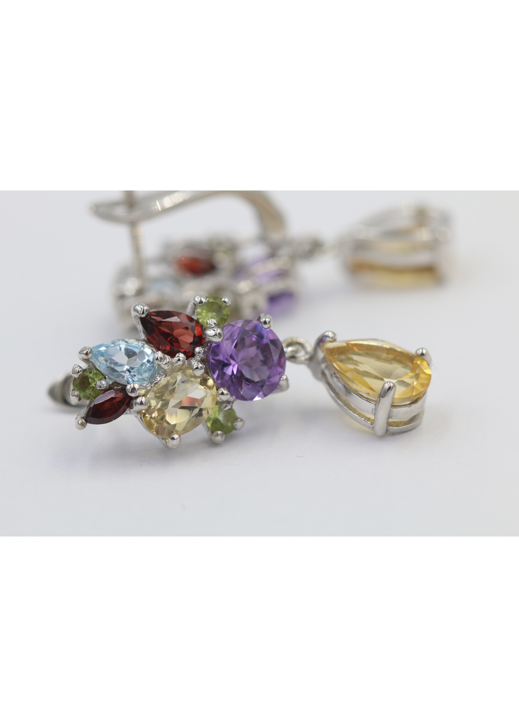 925 rhodium plated silver earrings set with natural Citrine, Blue Topaz, Garnet, Peridot and Amethyst
