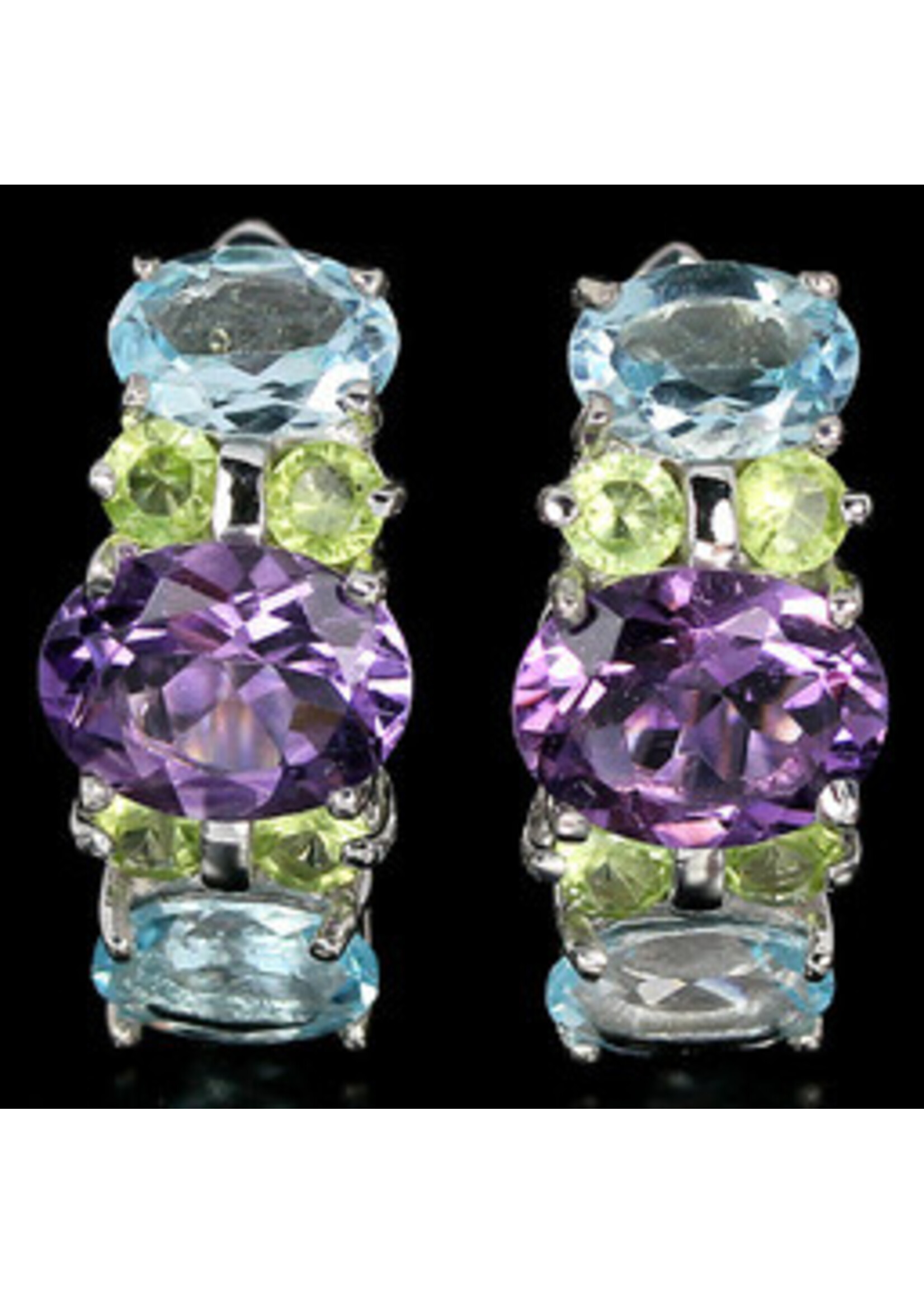 925 rhodium plated silver earrings set with natural Blue Topaz, Amethyst and Peridot
