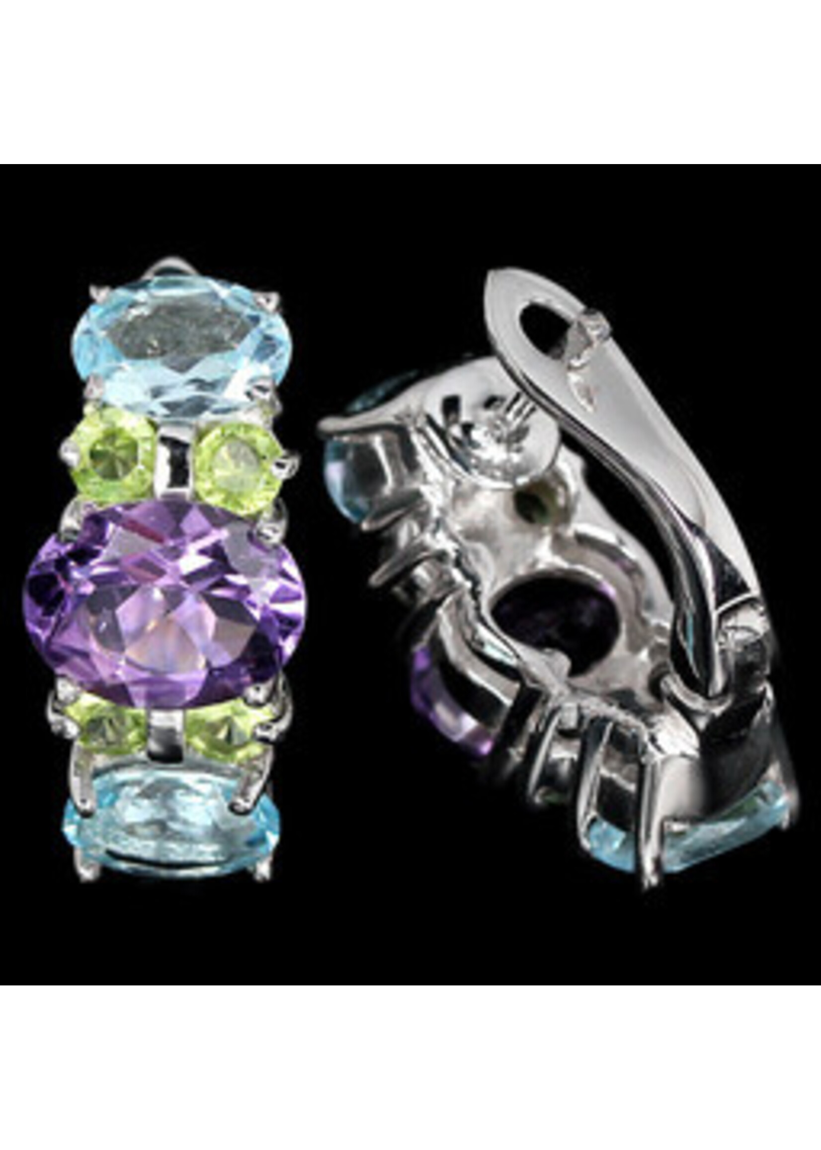 925 rhodium plated silver earrings set with natural Blue Topaz, Amethyst and Peridot