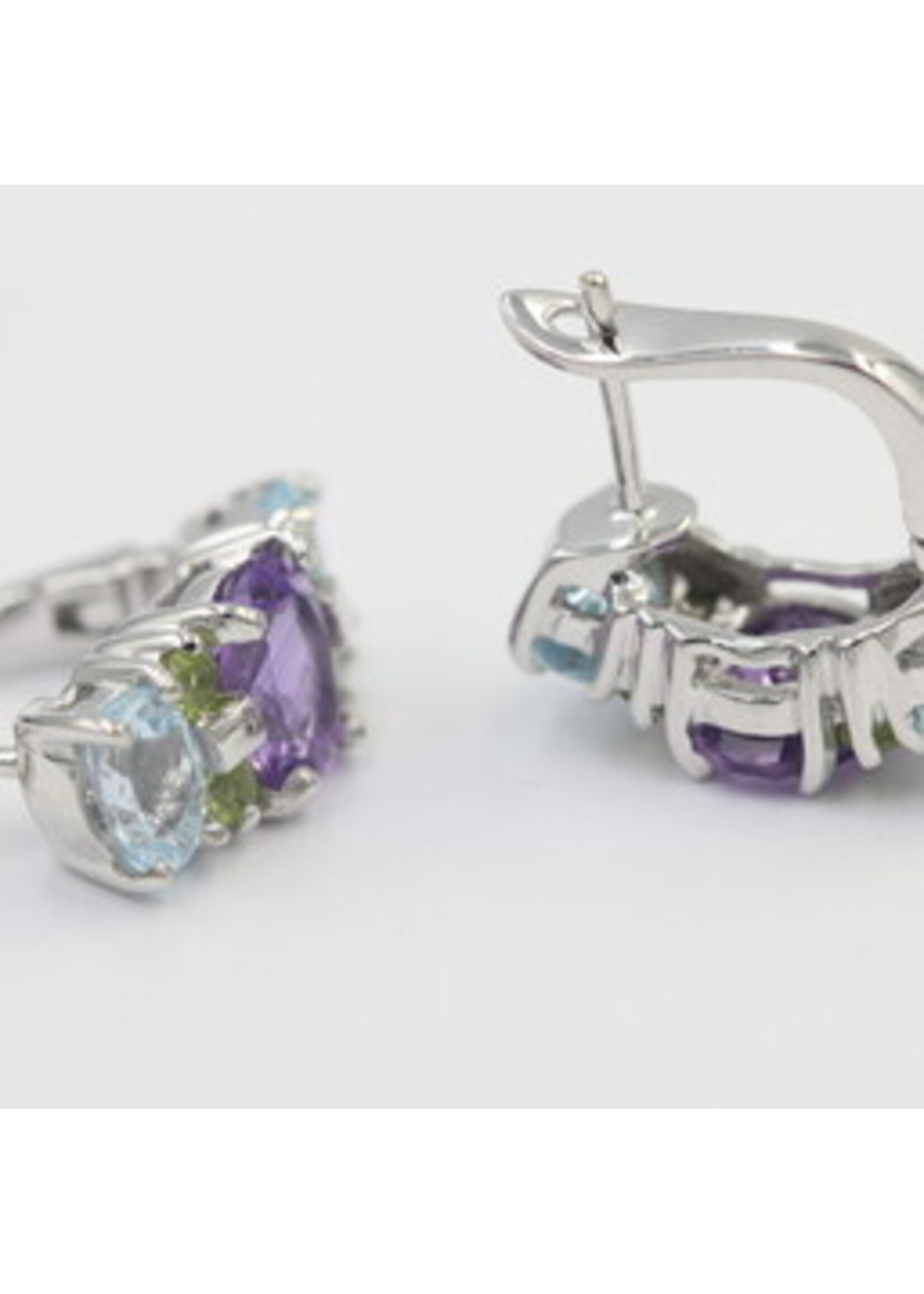 925 rhodium plated silver earrings set with natural Blue Topaz, Amethyst and Peridot
