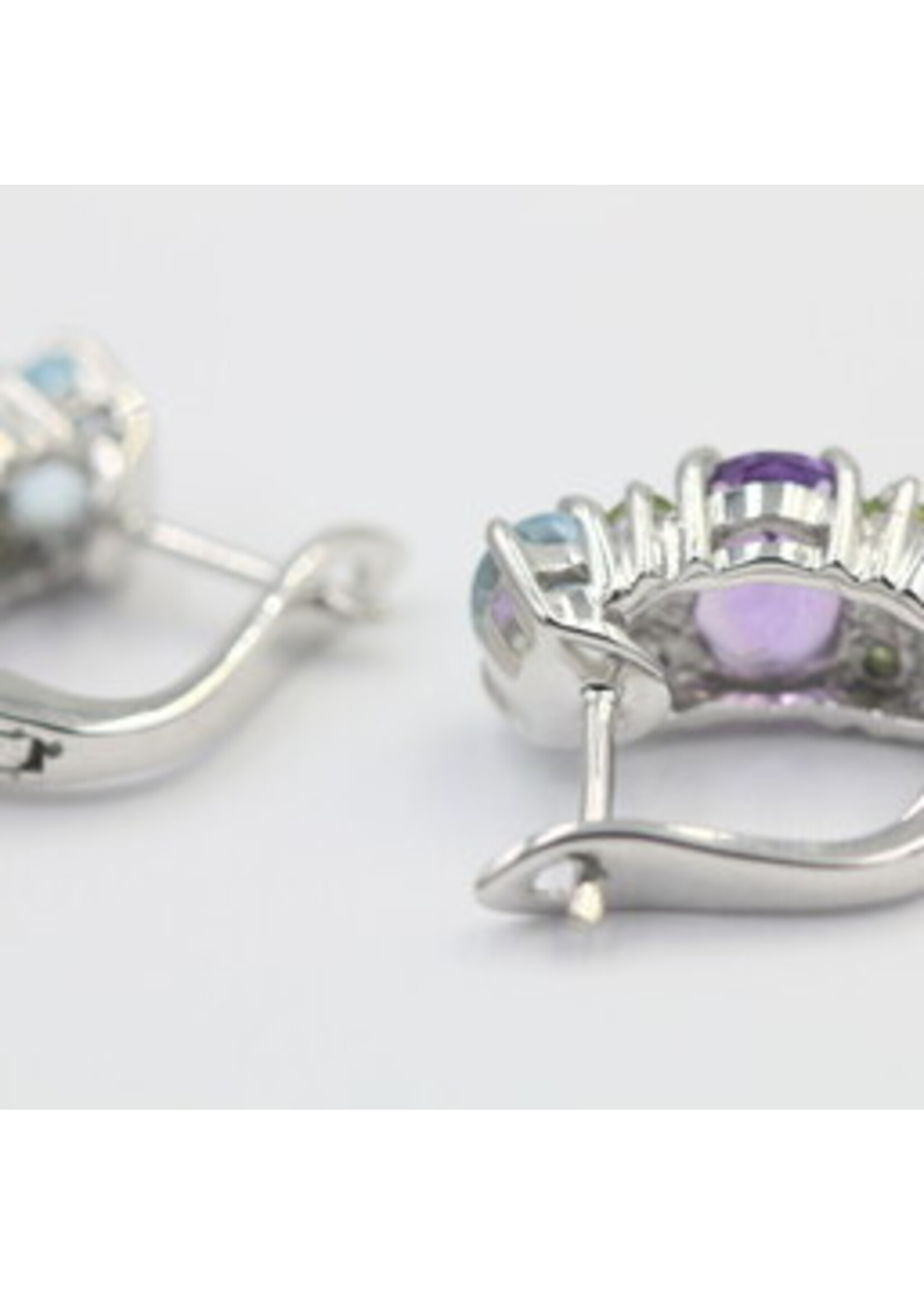 925 rhodium plated silver earrings set with natural Blue Topaz, Amethyst and Peridot