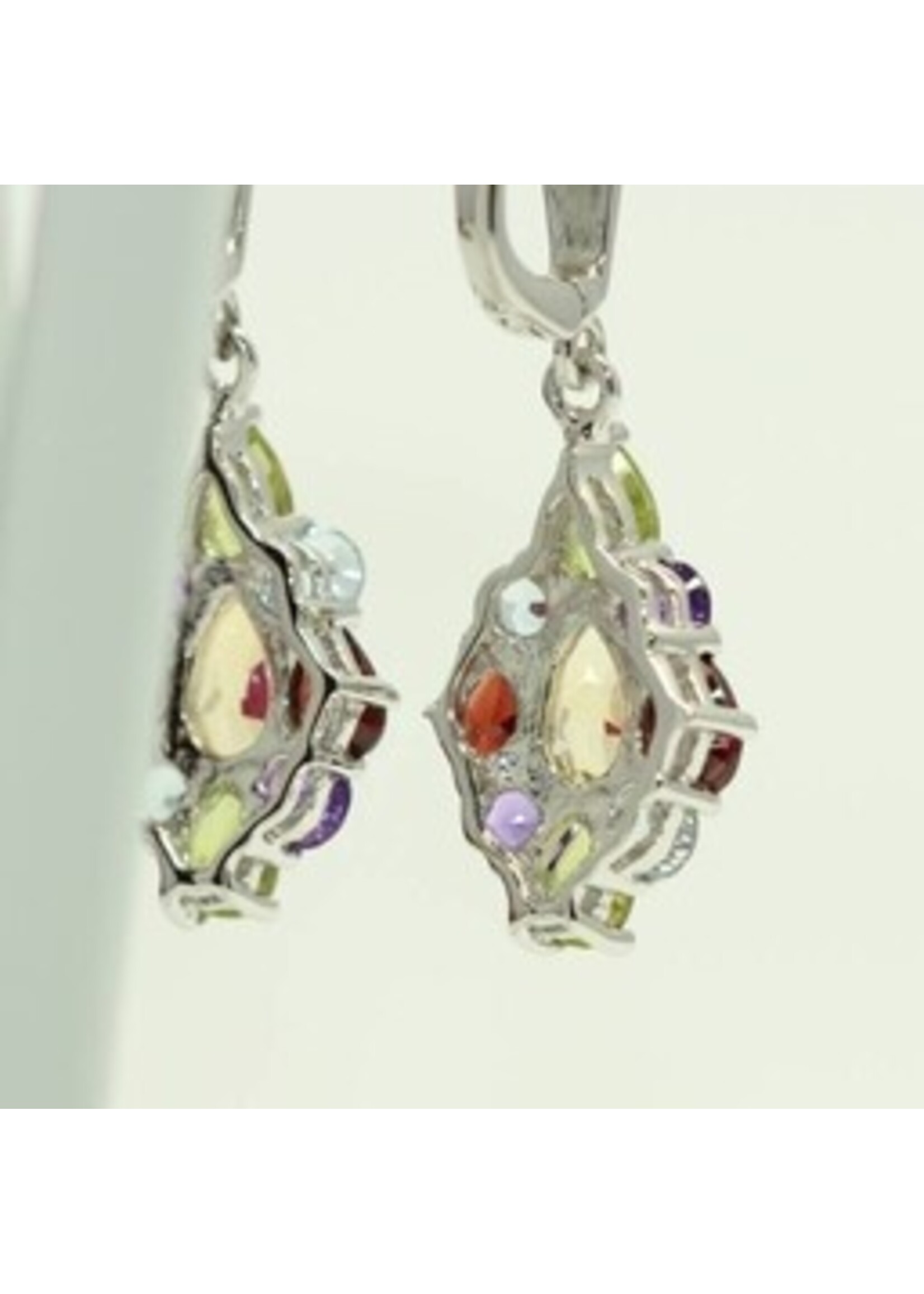 925 rhodium silver earrings set with natural Citrine, Blue Topaz, Peridot and Garnet