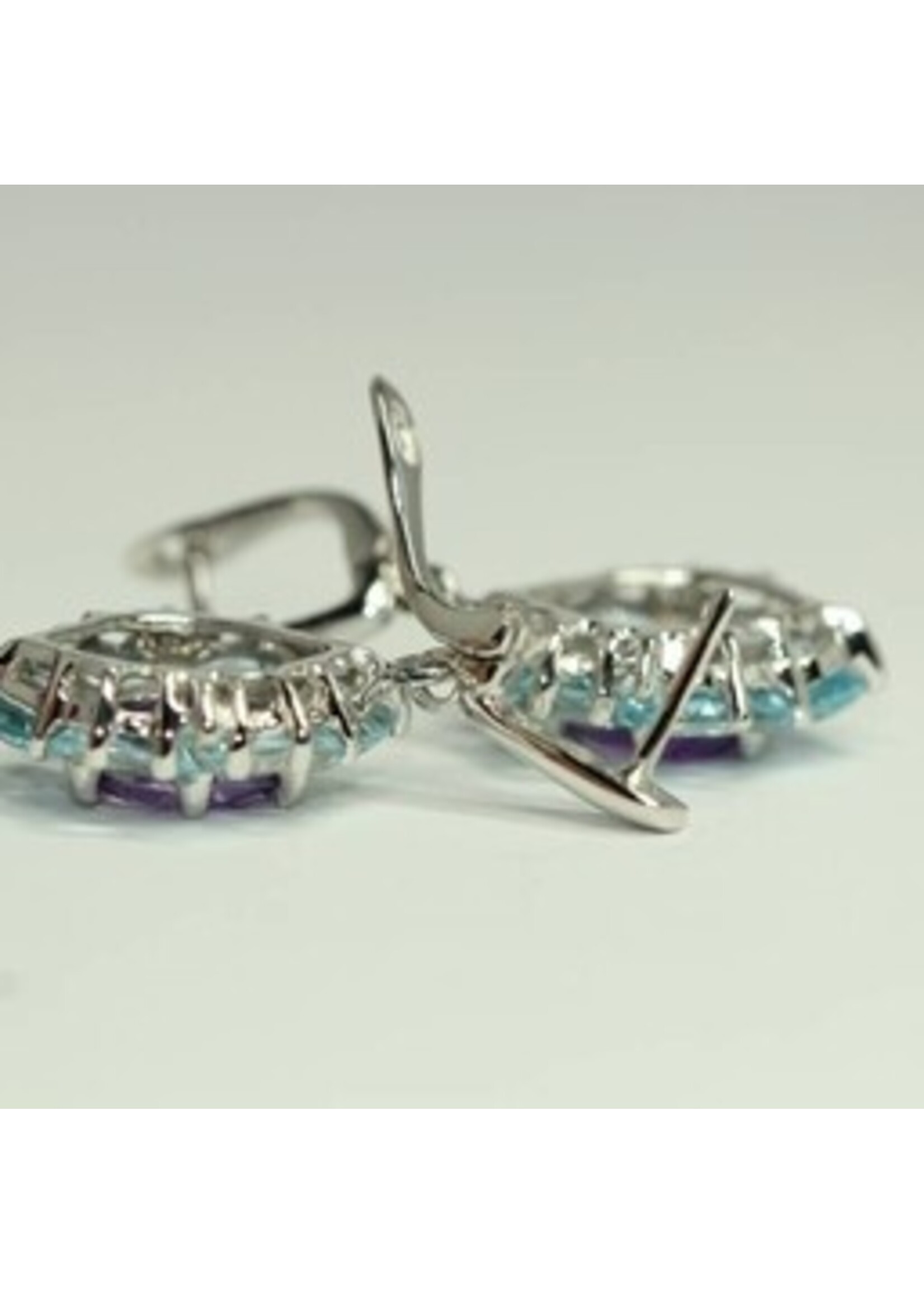 925 rhodium silver earrings set with natural Blue Topaz and Amethyst