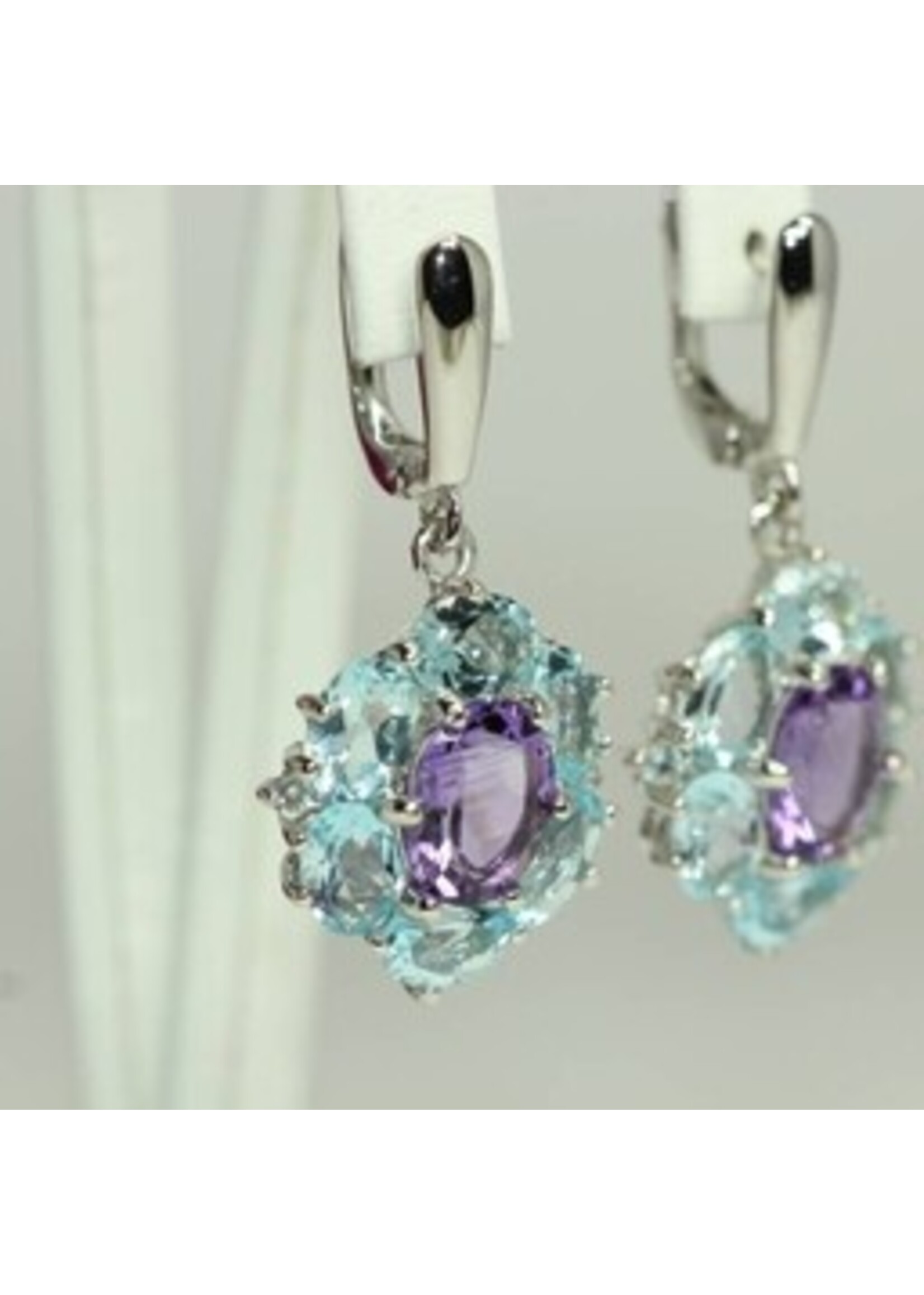925 rhodium silver earrings set with natural Blue Topaz and Amethyst