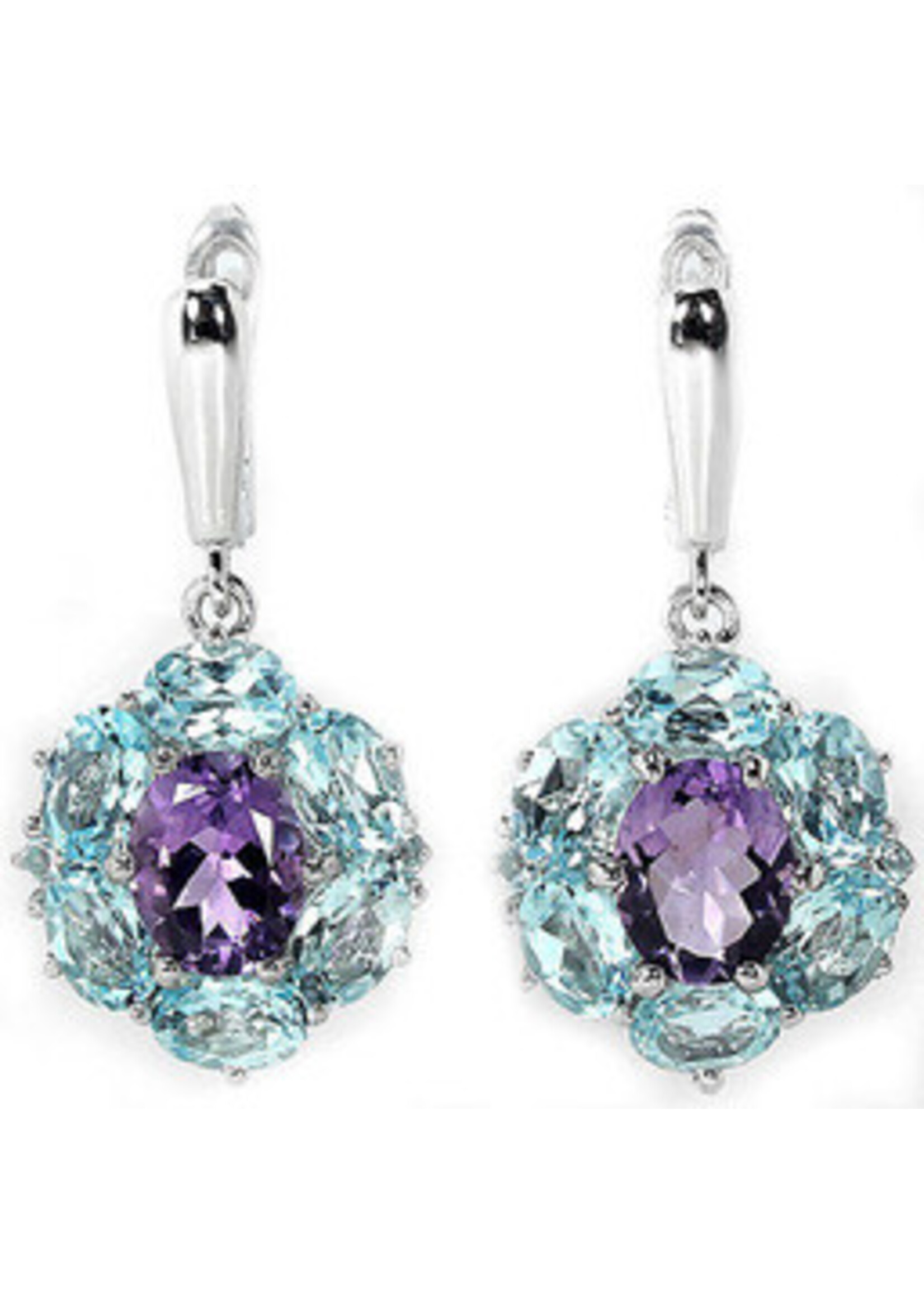 925 rhodium silver earrings set with natural Blue Topaz and Amethyst