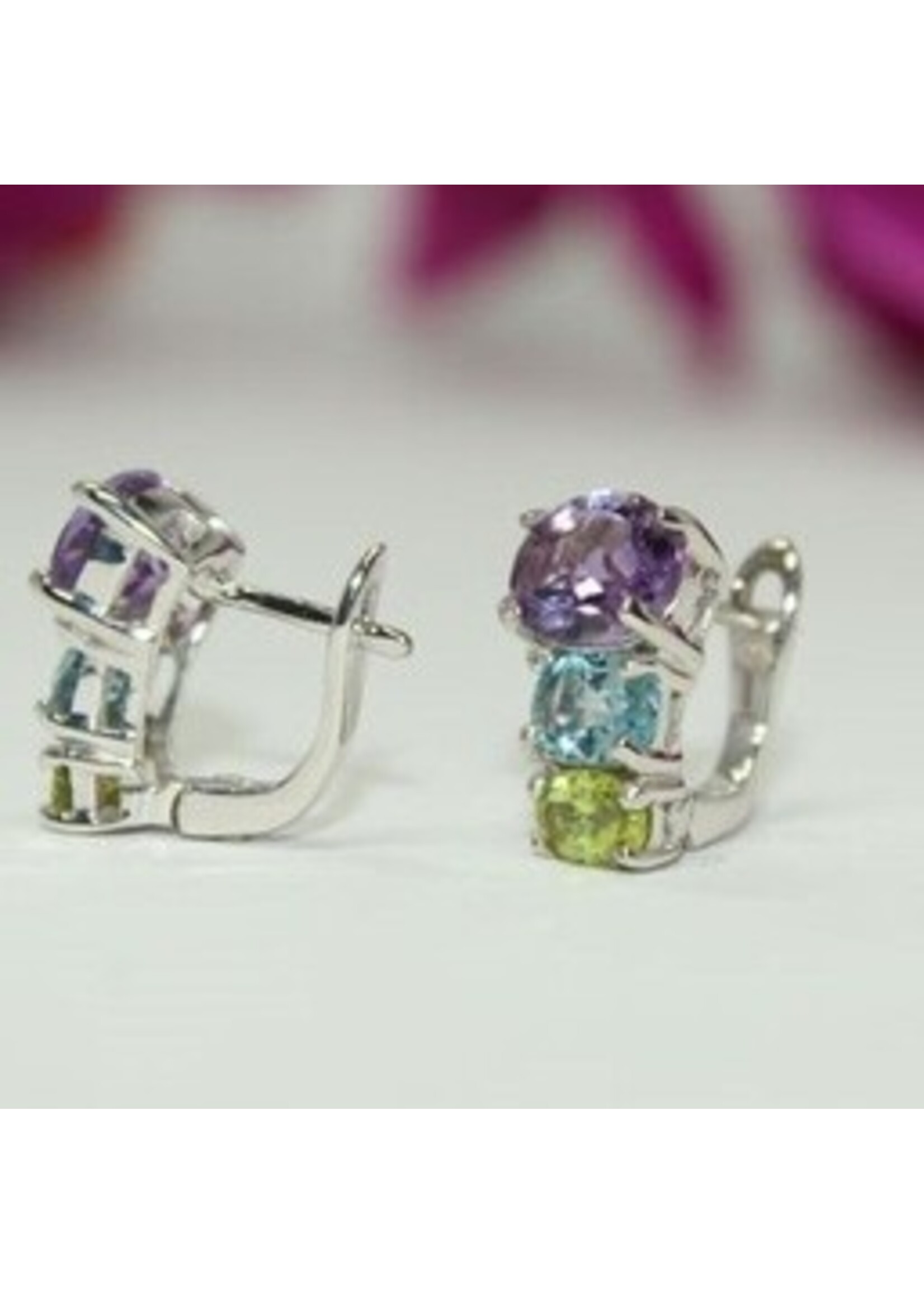 925 orecchini d'argento rodio fissati con Ametista naturale, topazio azzurro e Peridot