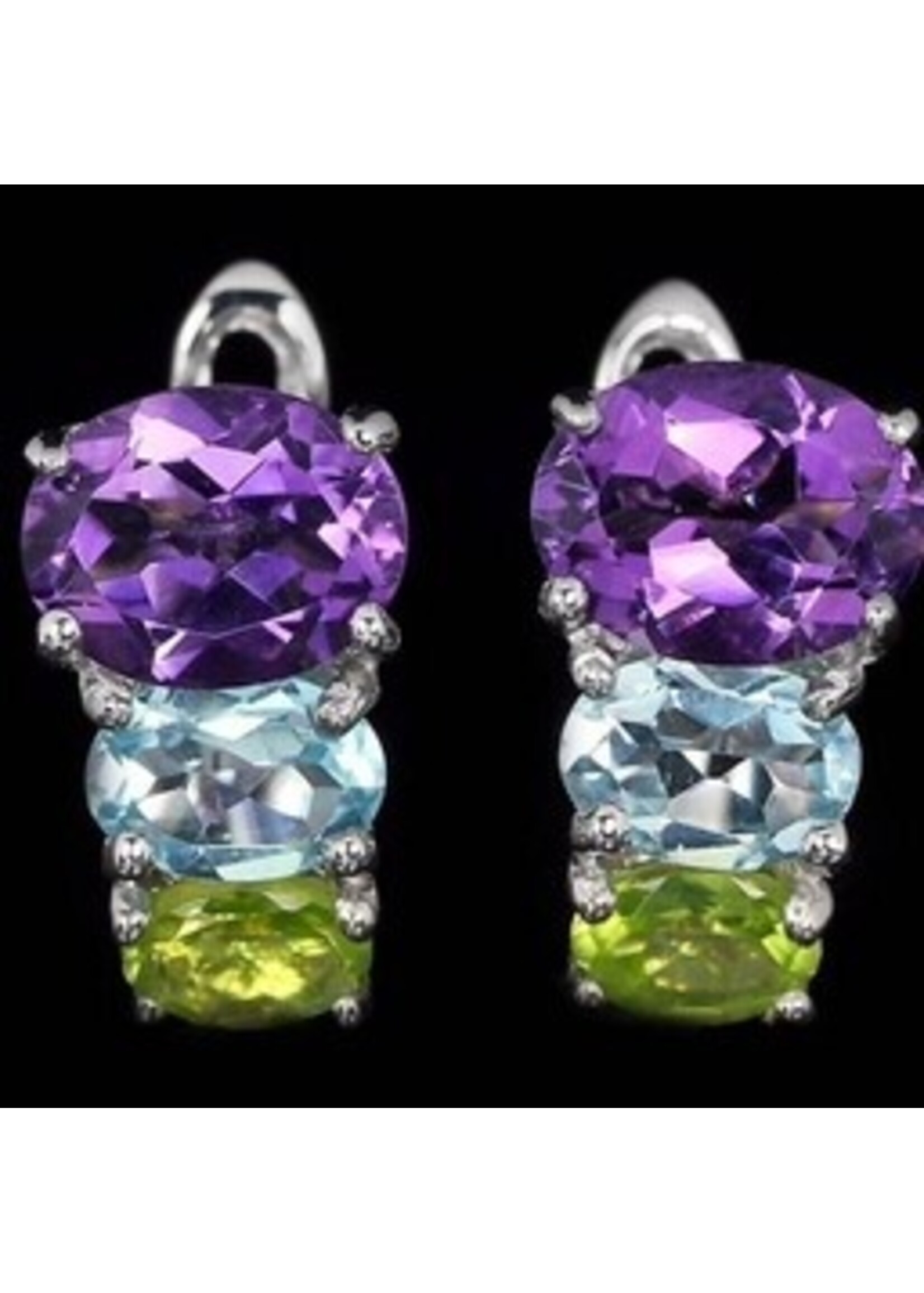 925 boucles d'oreilles en argent rhodié serti de Améthyste naturelle, topaze bleue et Peridot