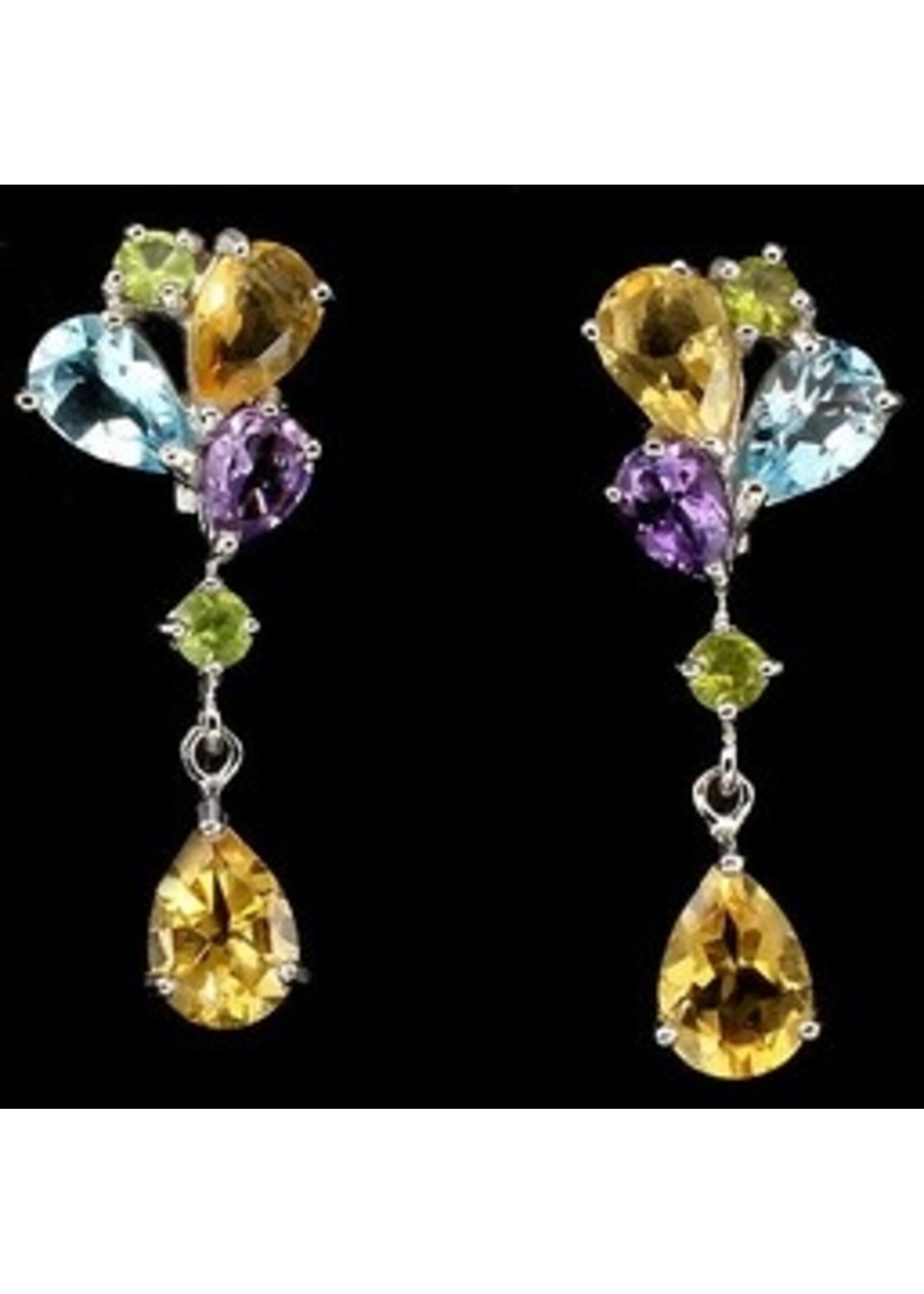 925 rhodium silver earrings set with natural Citrine, Blue Topaz, Amethyst and Peridot