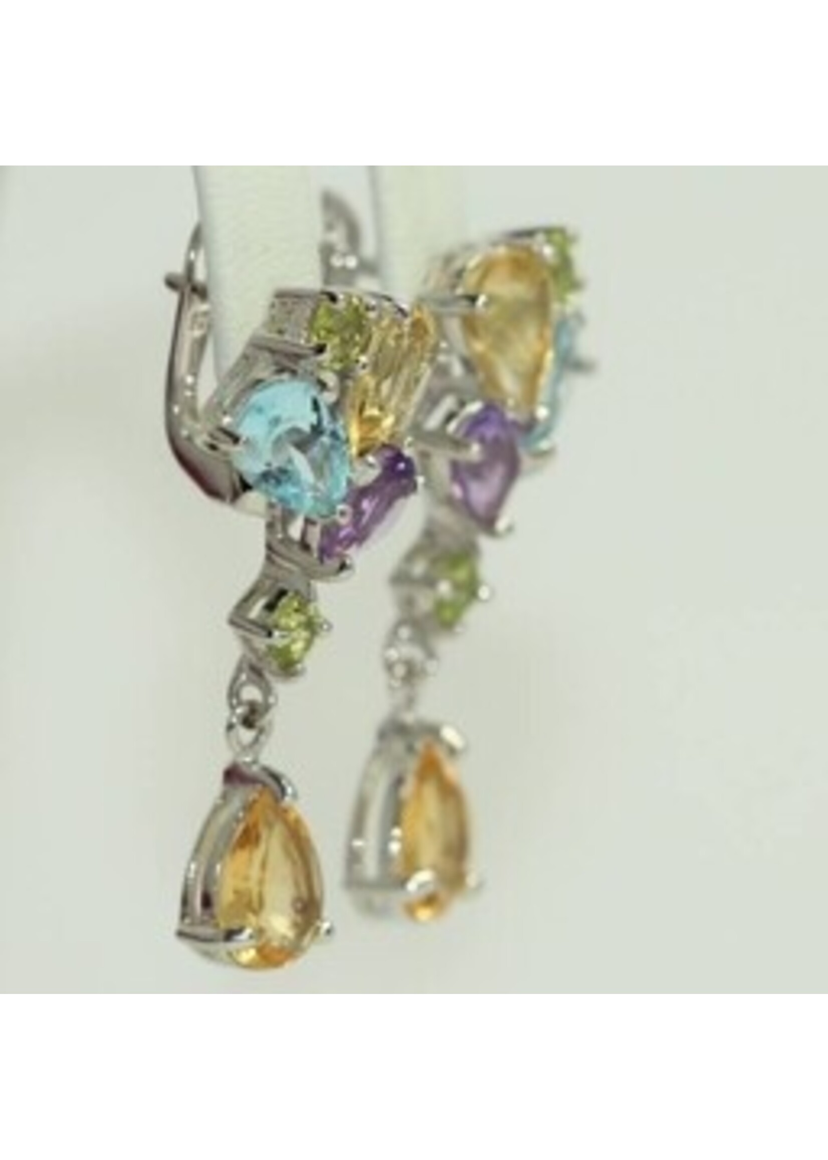 925 rhodium silver earrings set with natural Citrine, Blue Topaz, Amethyst and Peridot
