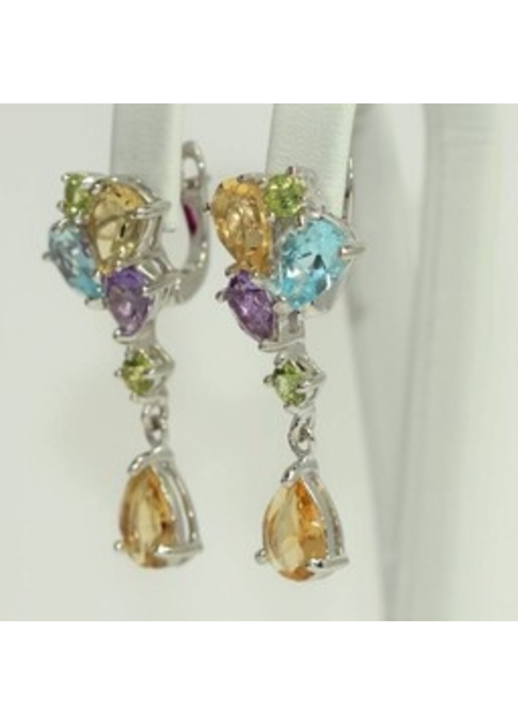 925 rhodium silver earrings set with natural Citrine, Blue Topaz, Amethyst and Peridot