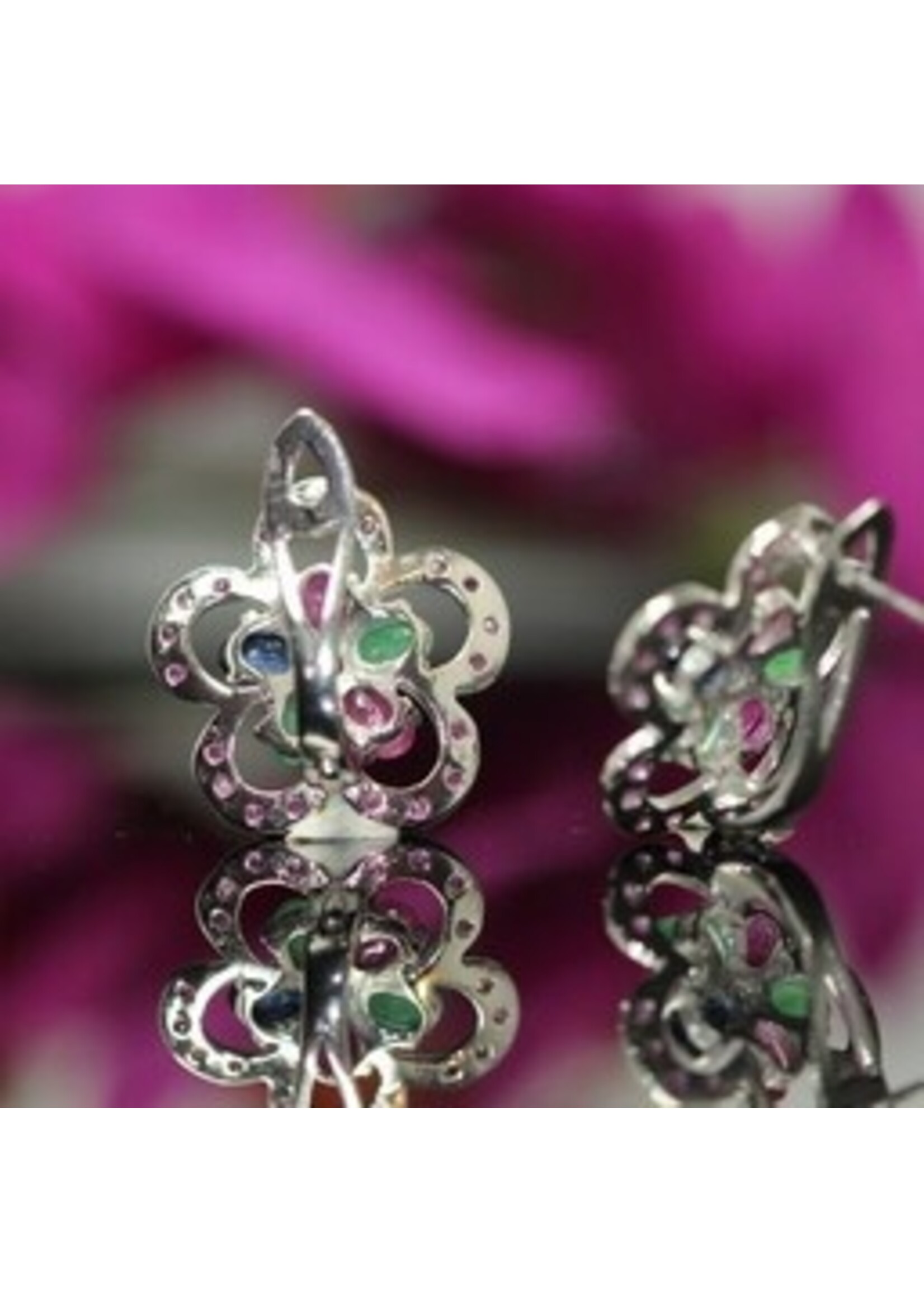 925 rhodium silver earrings set with natural Emerald, Ruby and Sapphire