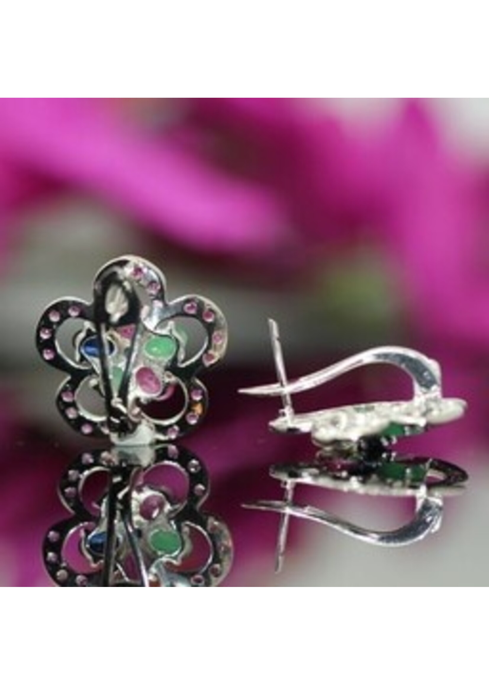 925 rhodium silver earrings set with natural Emerald, Ruby and Sapphire