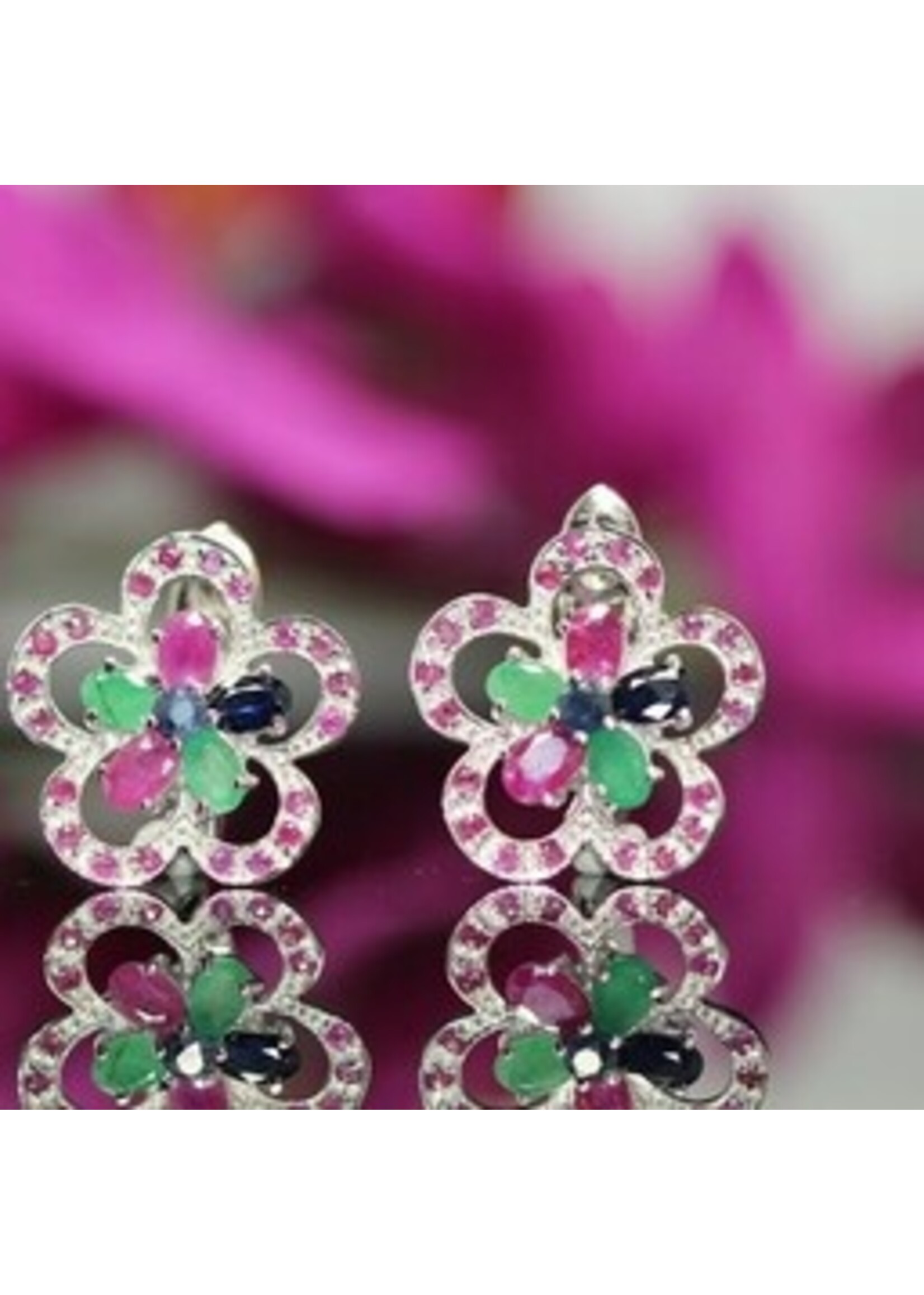 925 rhodium silver earrings set with natural Emerald, Ruby and Sapphire