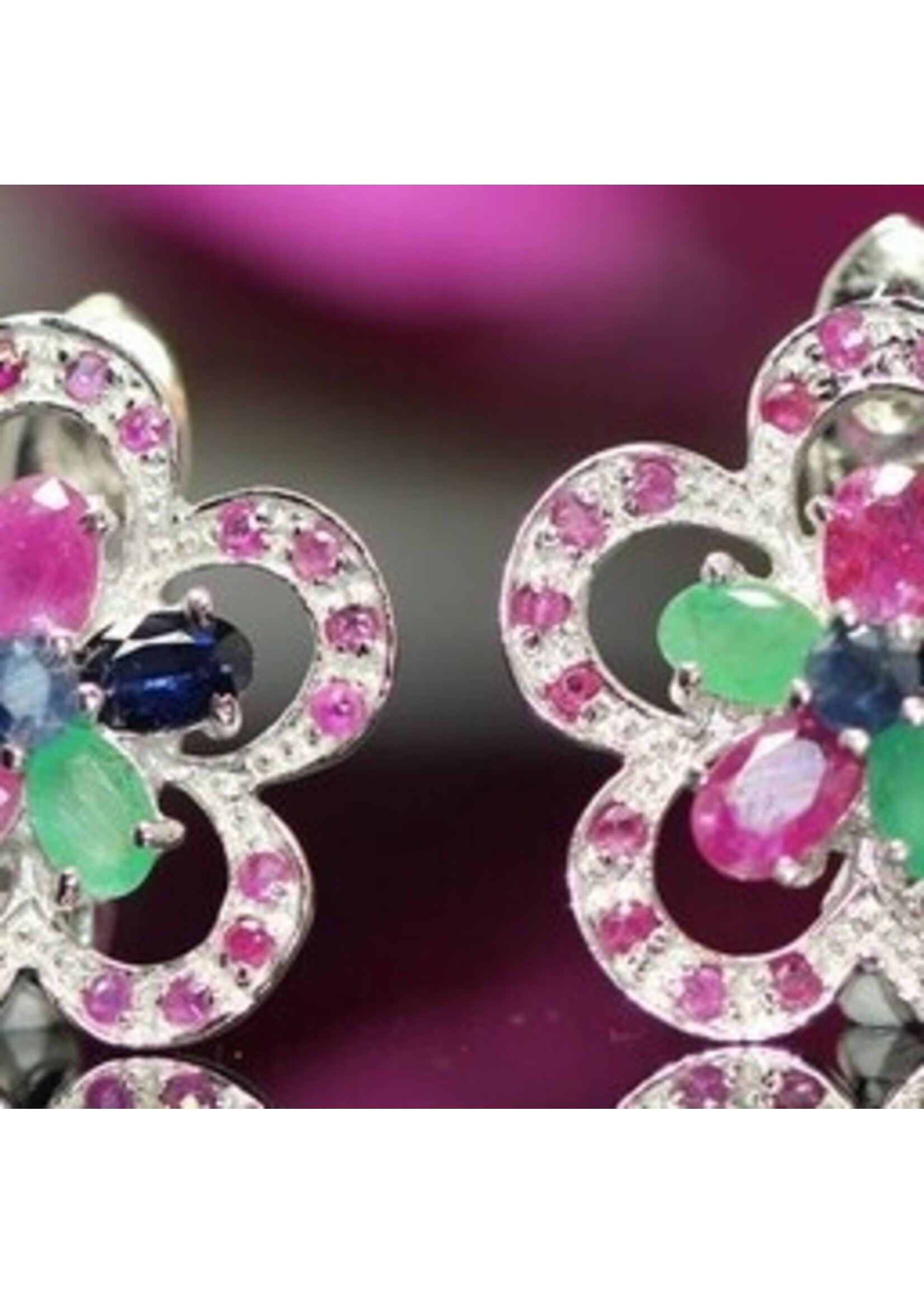 925 rhodium silver earrings set with natural Emerald, Ruby and Sapphire