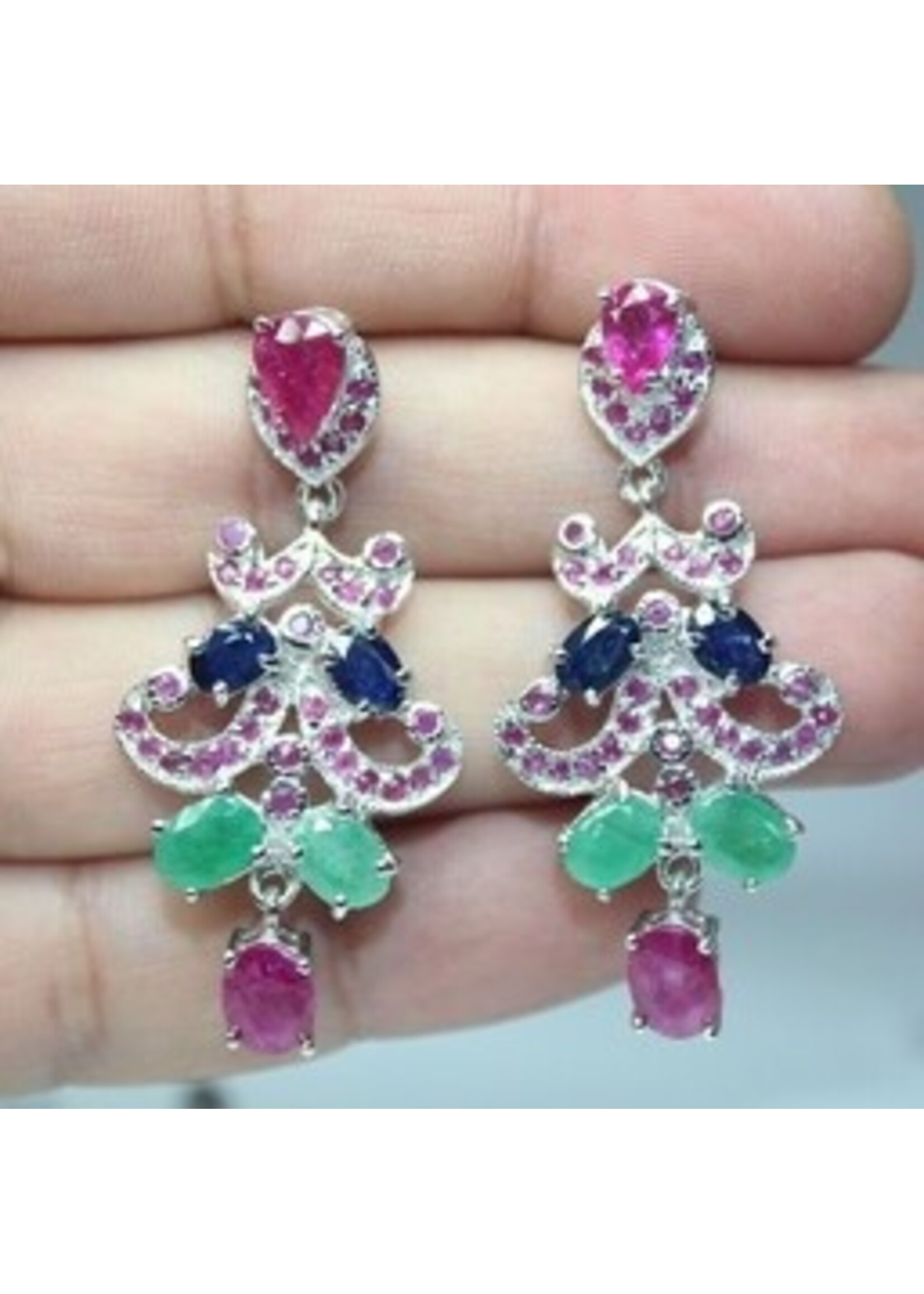 925 bague en argent rhodié avec naturel Emerald, Ruby et Sapphire