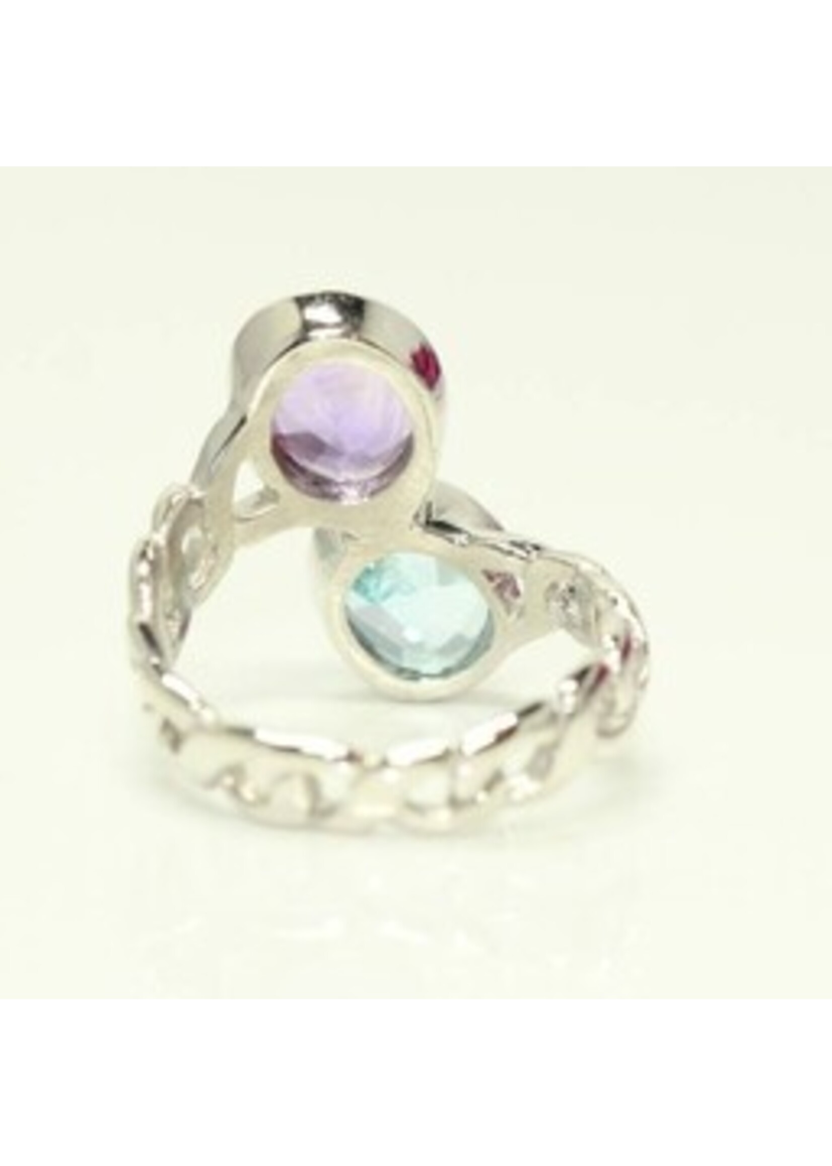 Bague en argent 925 rhodié serti naturel topaze bleue et améthyste