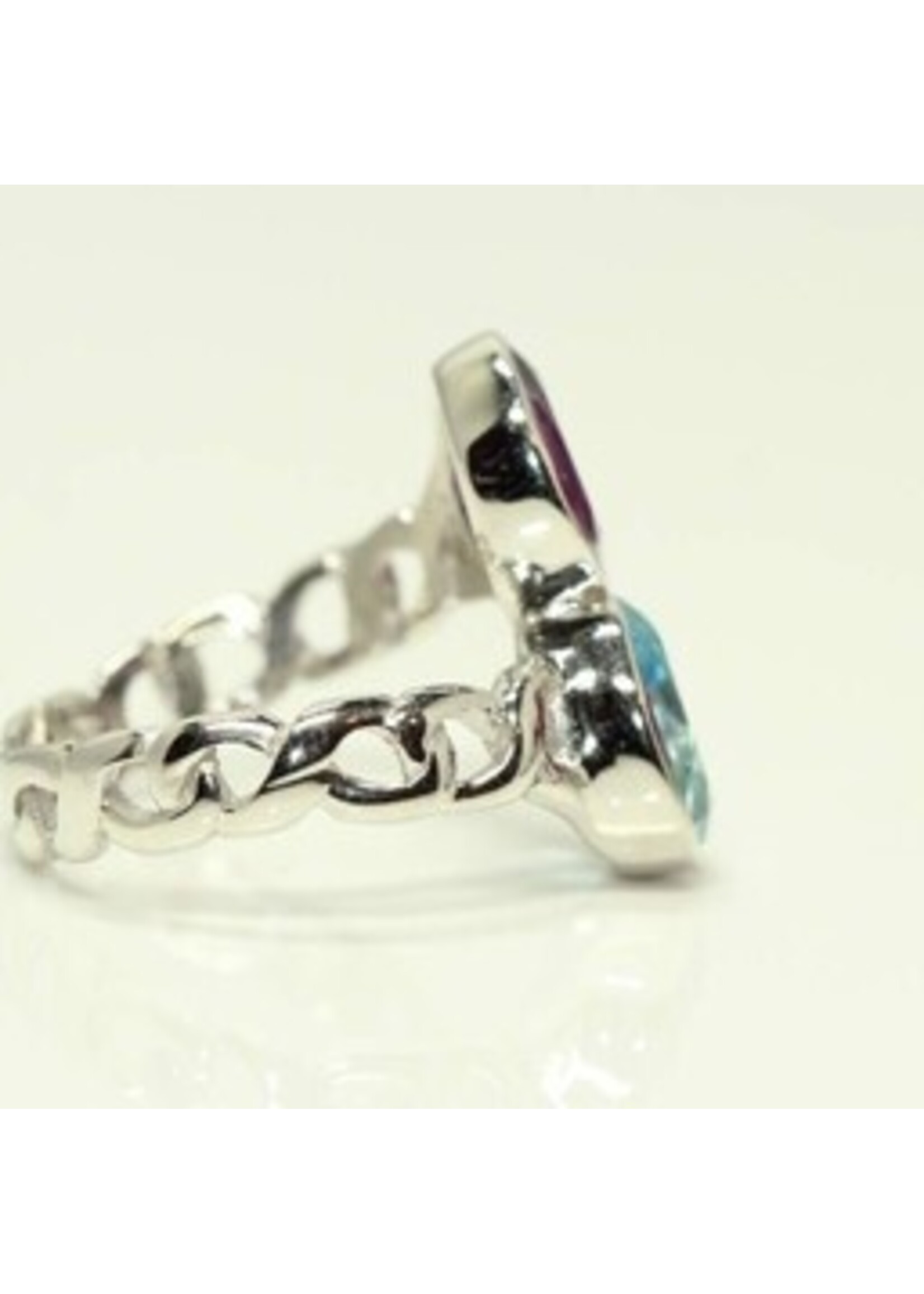 Bague en argent 925 rhodié serti naturel topaze bleue et améthyste