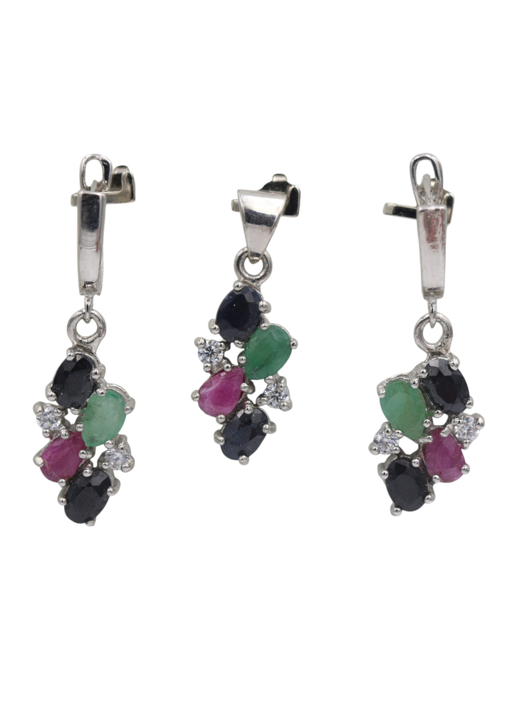 Parure in argento rodiato 925 con rubini naturali, smeraldi e zaffiri