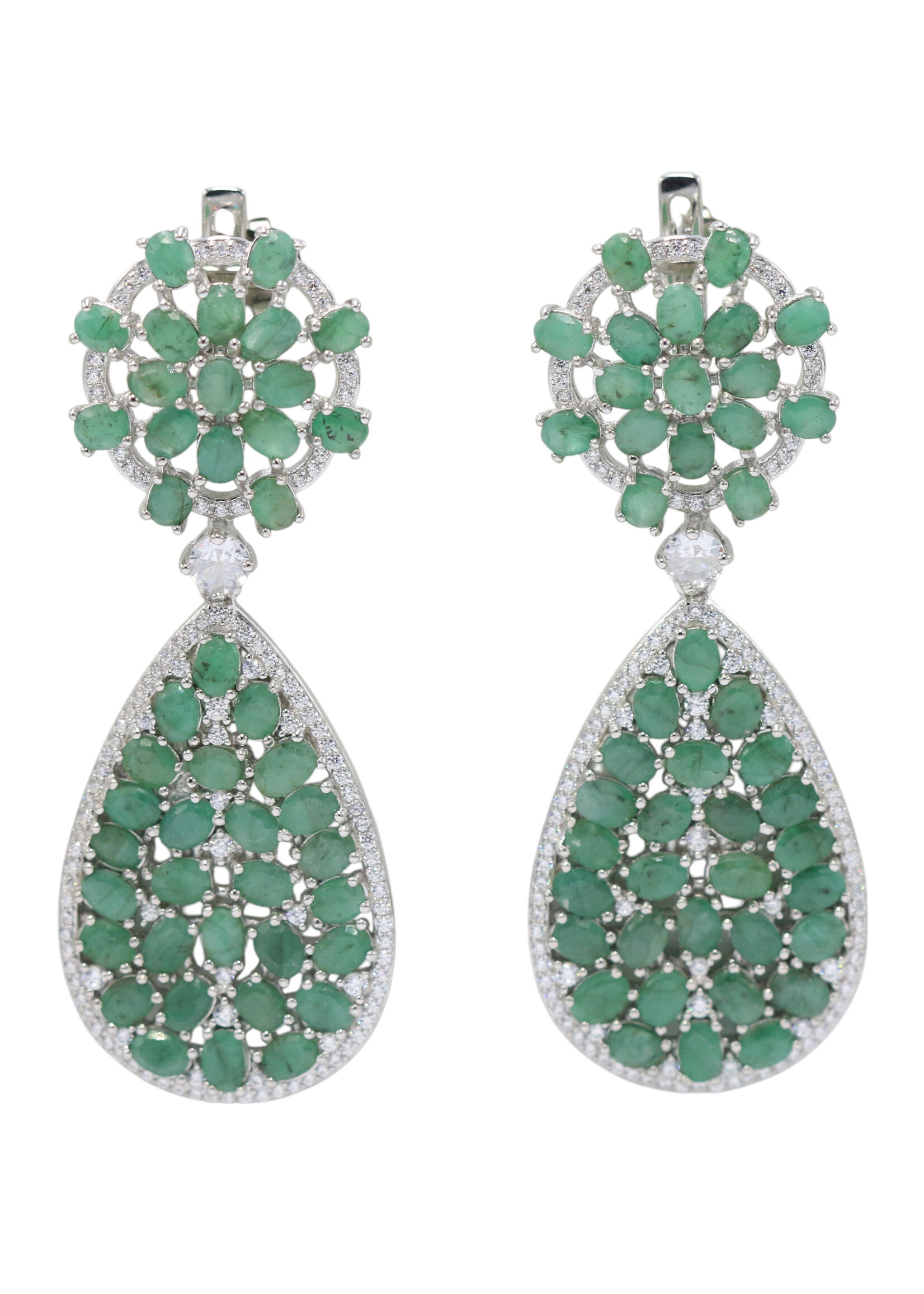 925 rhodium plated silver earrings set with natural emeralds