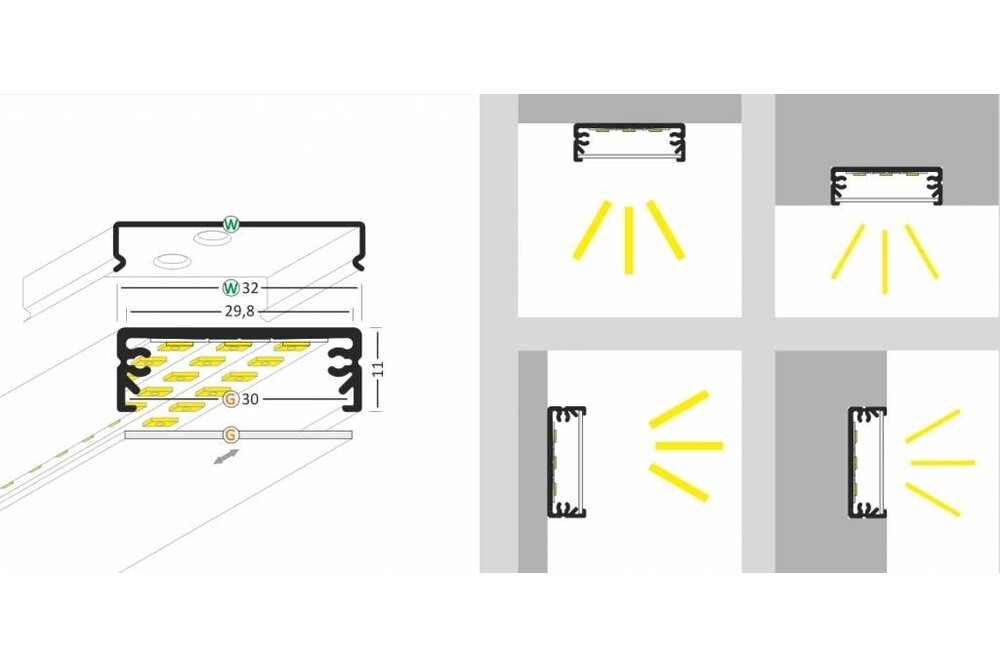 STRETCHED 24mm Led-Profil für Oberflächenmontage 1m-2m