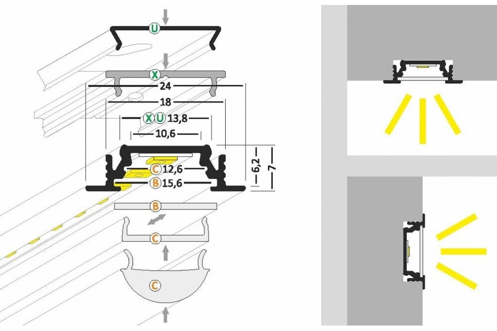 LINEA10 10mm Versenktes Led-Profil 1m-2m